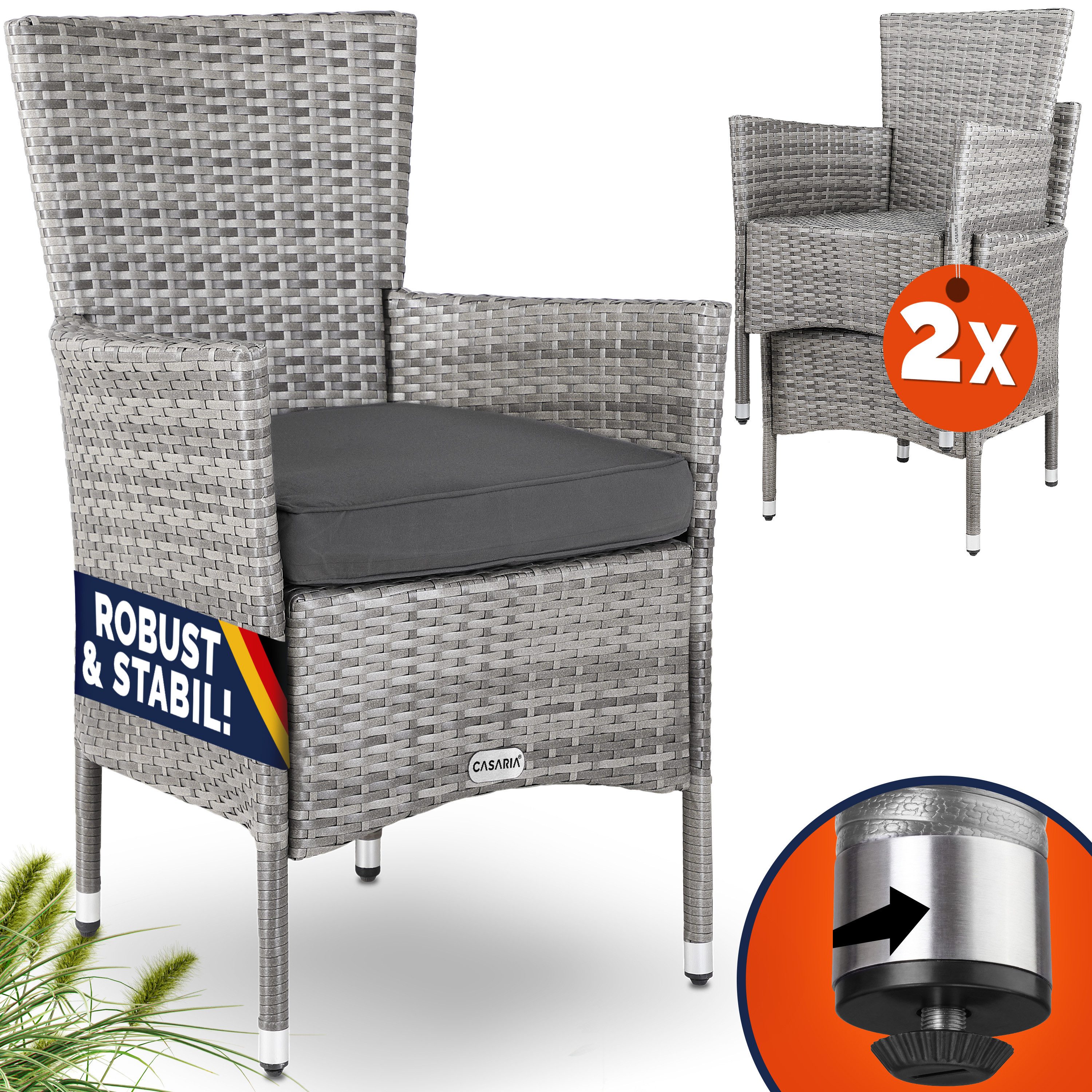 Casaria Gartenstuhl (2 St), Polyrattan 2er Set Stapelbar 7cm Auflagen 160kg Belastbarkeit