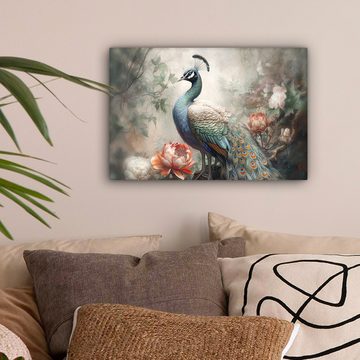 OneMillionCanvasses® Leinwandbild Pfau - Pfauenfedern - Vogel - Dschungel - Blumen, (1 St), Leinwand Bilder Klein, Wand Dekoration 30x20 cm