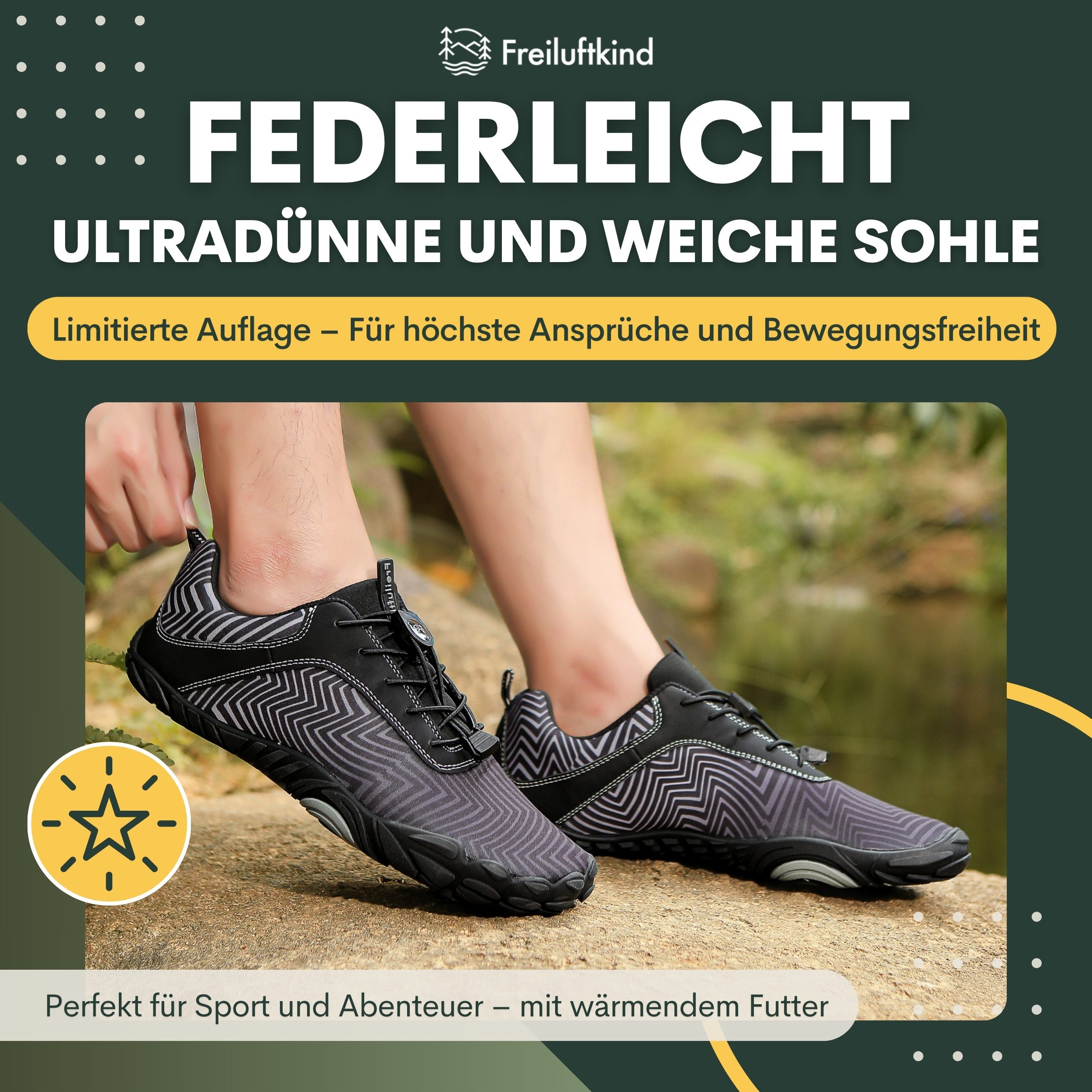 Freiluftkind Das Original – Overland Wasserabweisende & gefütterte Barfußschuhe Sneaker Schnürsenkel