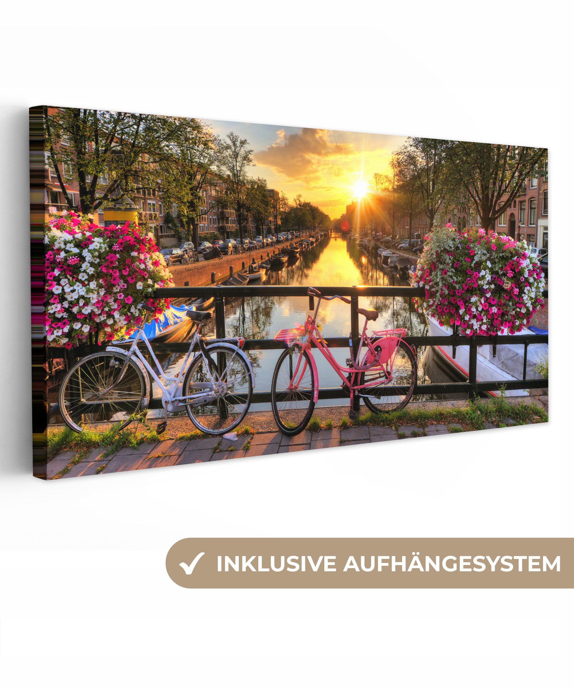 OneMillionCanvasses® Leinwandbild Panorama Amsterdam - Blumen - Brücke - Fahrrad - Sonnenuntergang, Fotodruck (1 St), Wandbild, Deko Schlafzimmer Wohnzimmer Flur 40x20 cm