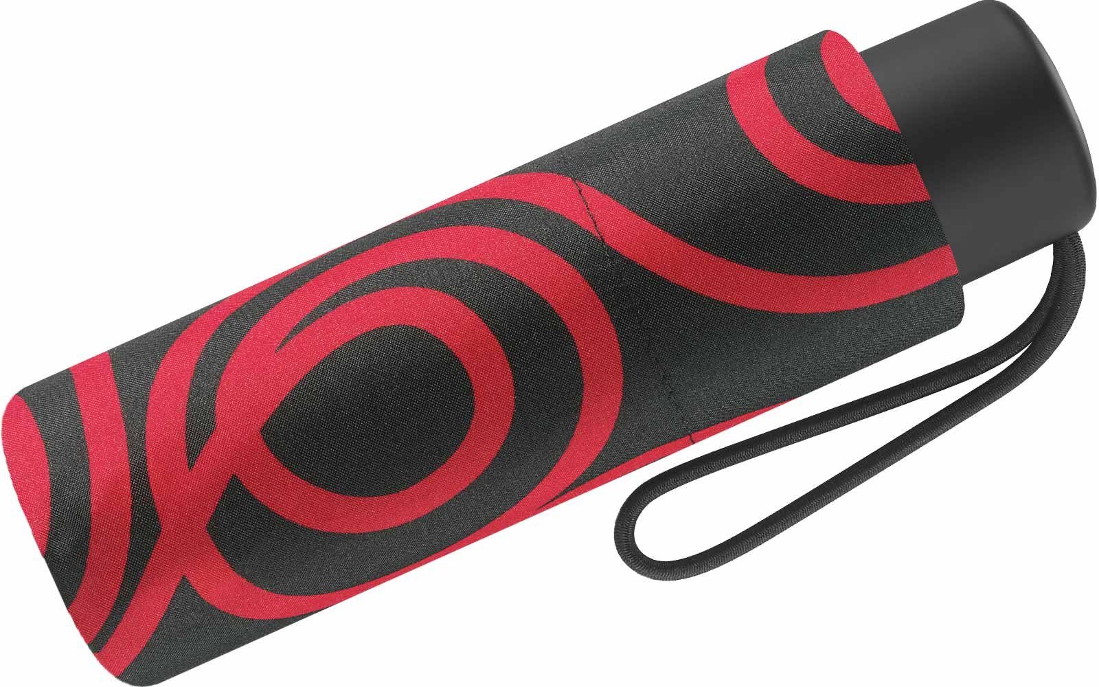 Pierre Cardin Taschenregenschirm winziger Damen-Regenschirm Handöffner, schwarz-rot mit schwarzem mit Grund Kreise-Muster rotem auf