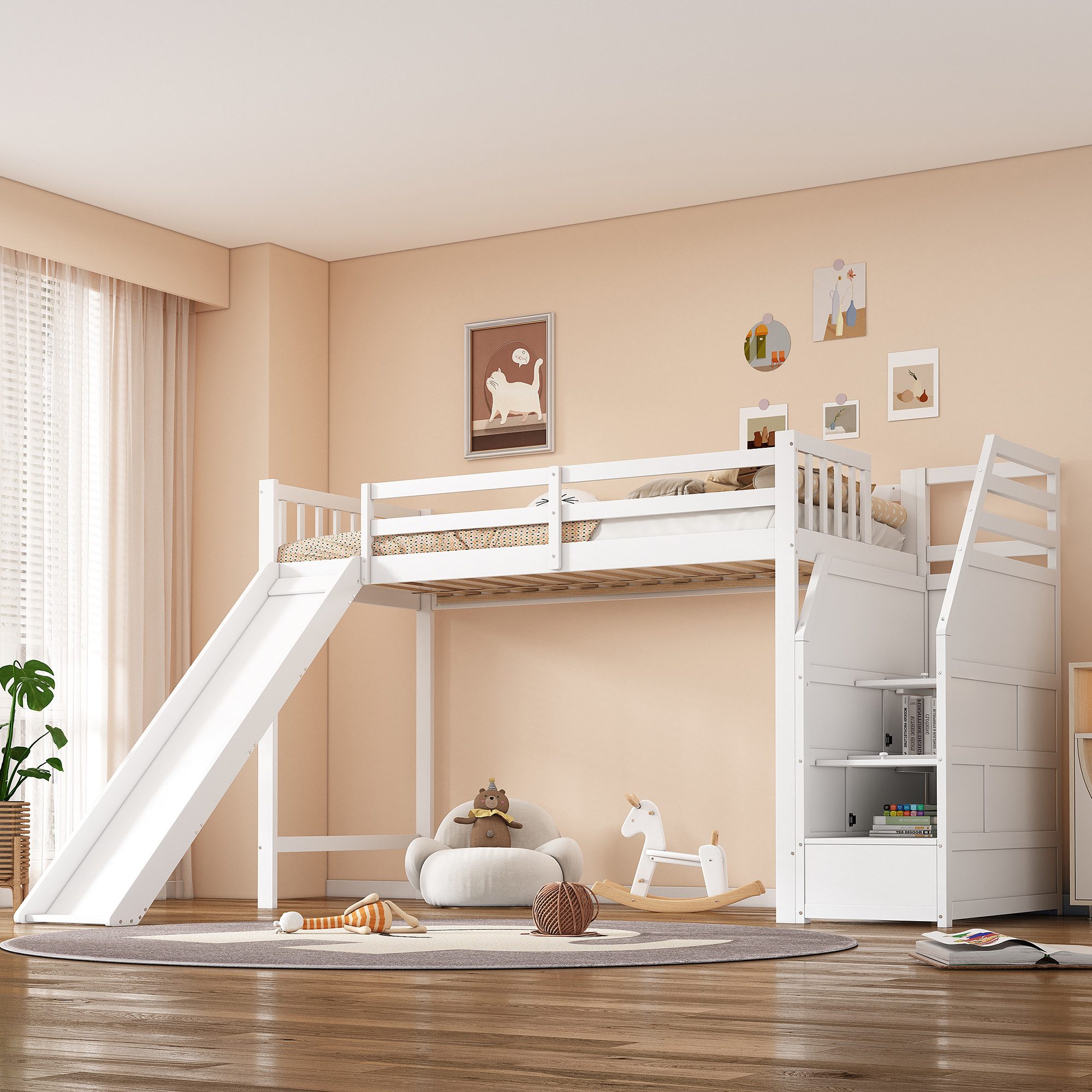 Flieks Hochbett Etagenbett mit oberem Lattenrost, Stauraumtreppe und Rutsch günstig online kaufen
