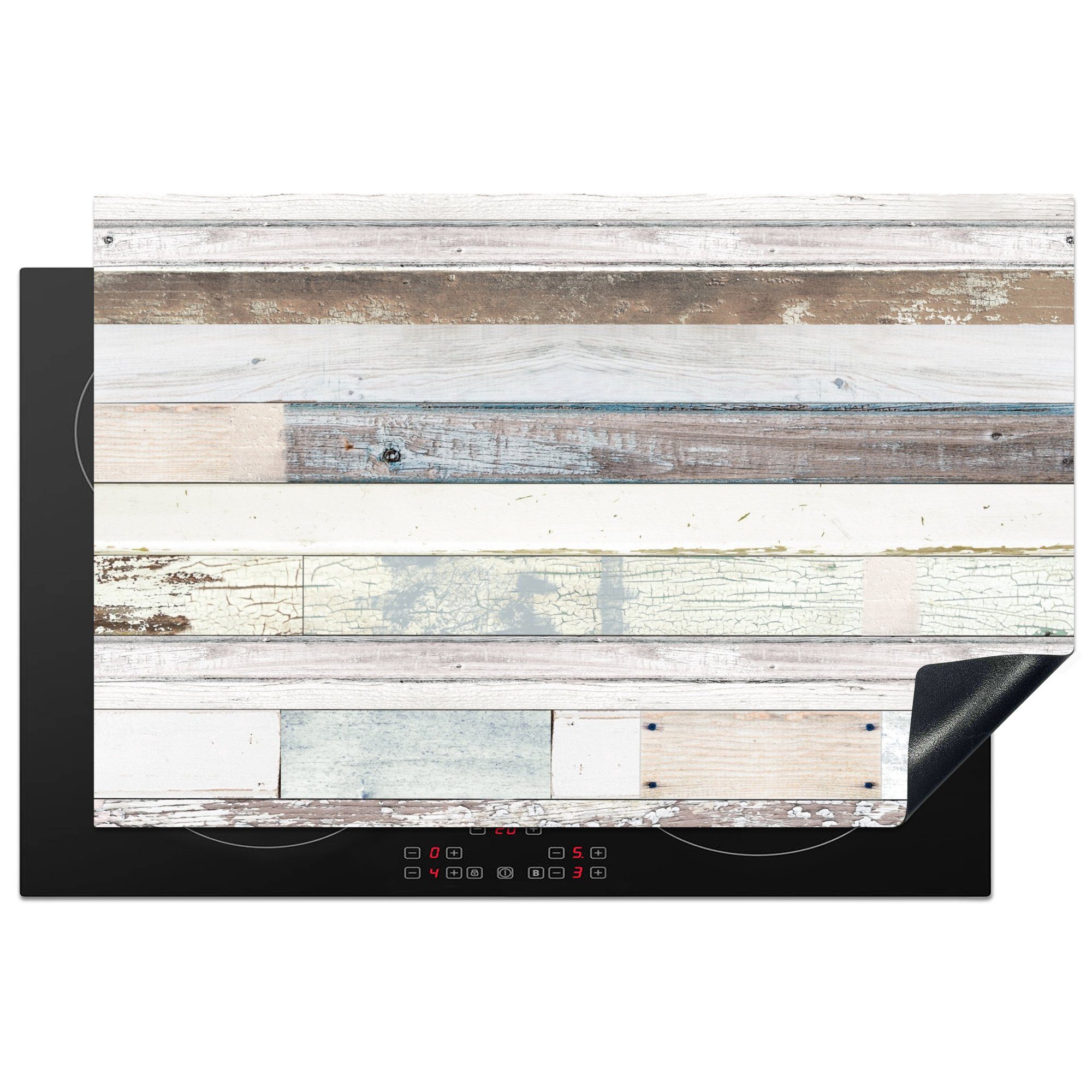 MuchoWow Herdblende-/Abdeckplatte Holz - Regale - Weiß, Vinyl, (1 tlg), 81x52 cm, Induktionskochfeld Schutz für die küche, Ceranfeldabdeckung