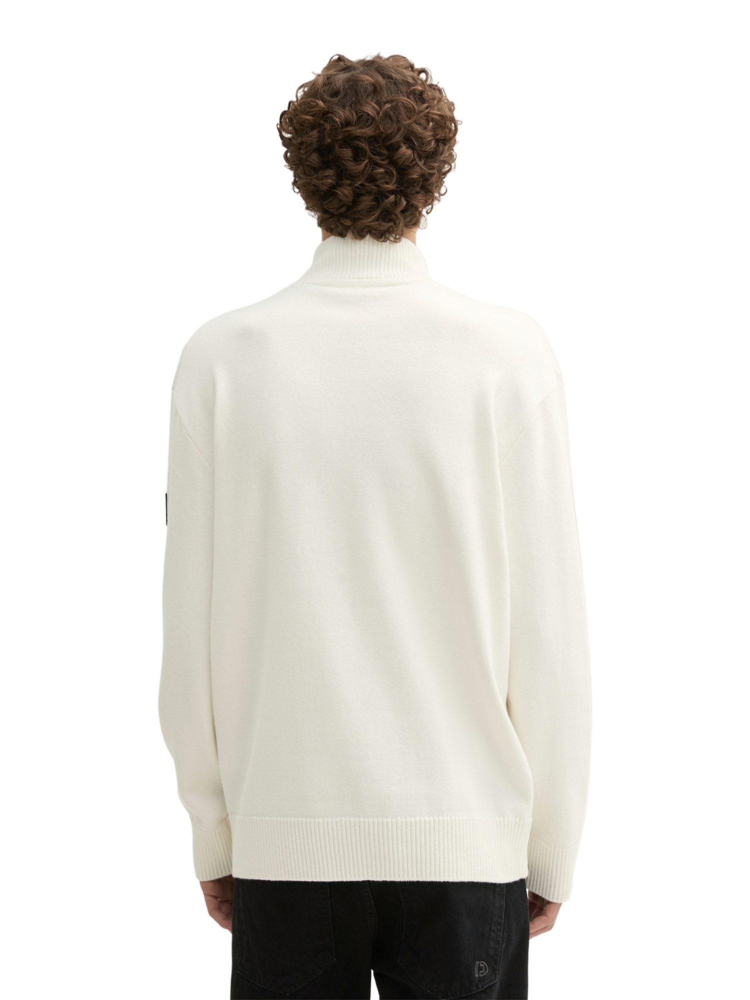 TOM TAILOR Denim Strickpullover weiß,Casual,Baumwolle,Unifarben,Troyer-Kragen,Lang,Relaxed Fit