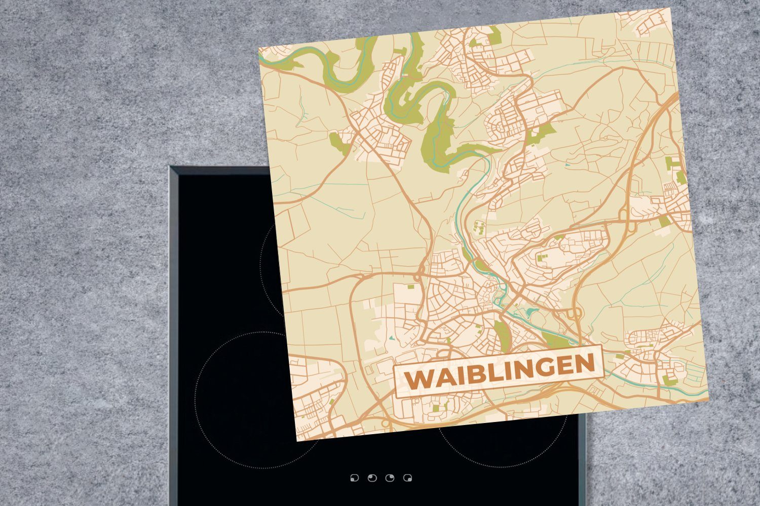 MuchoWow Herdblende-/Abdeckplatte Ceranfeldabdeckung, - - Waiblingen 78x78 tlg), cm, küche Vintage - (1 Arbeitsplatte Stadtplan, Karte Vinyl, für