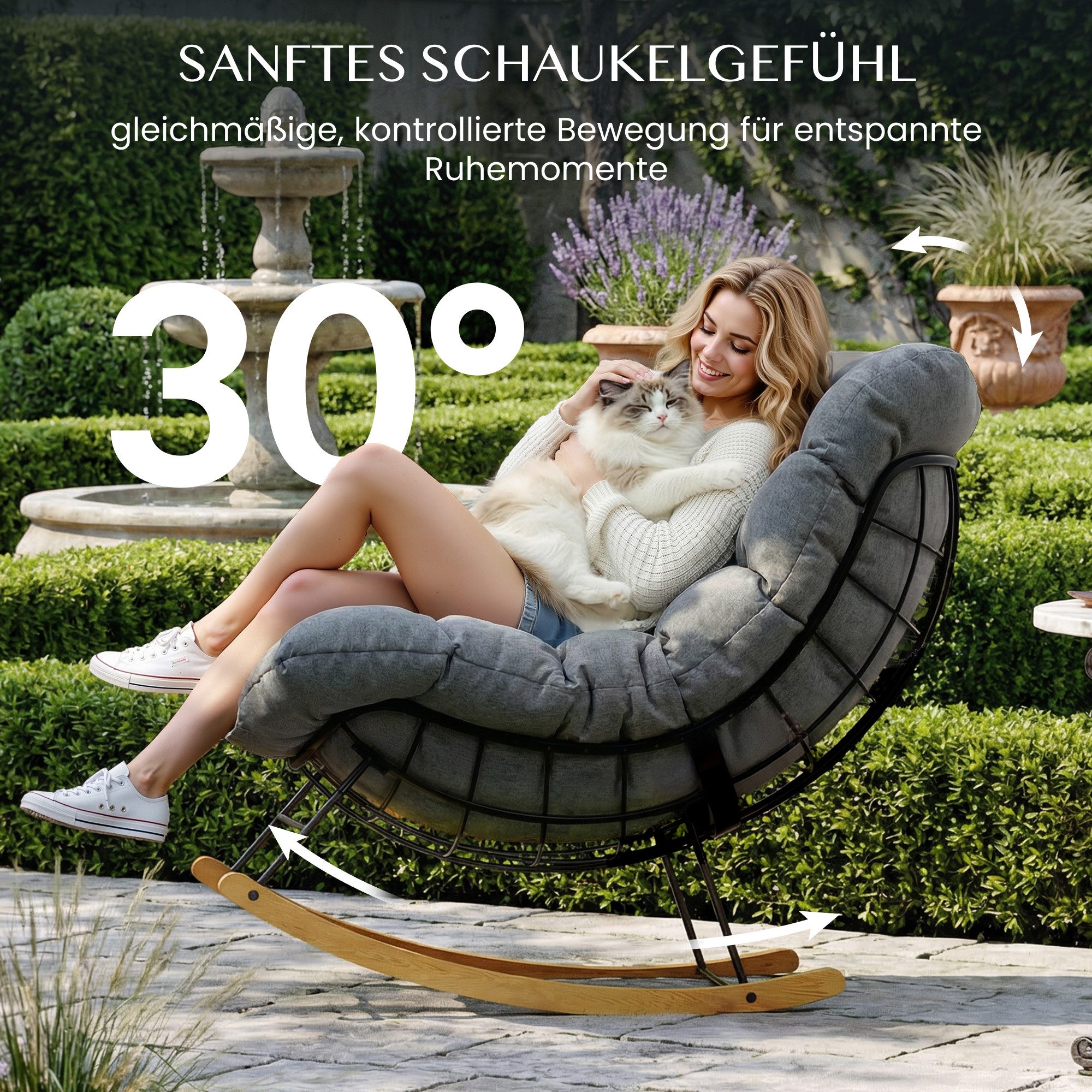 FLEXISPOT Schaukelsessel Komfortabler Loungesessel, Gartenliege mit Kopfkissen (mit sanfter Schaukelfunktion, Kopfkissen & stabilem Metallrahmen), ideal für Balkon, Terrasse, Garten & Wohnzimmer