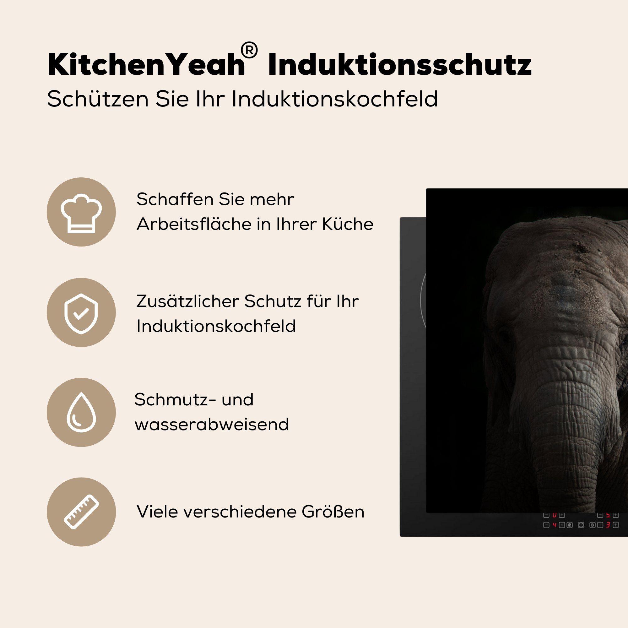 71x52 Porträt tlg), Schwarz, (1 cm, - küche, MuchoWow Elefant Tiere für Schutz - Induktionskochfeld Vinyl, Ceranfeldabdeckung Herdblende-/Abdeckplatte - die