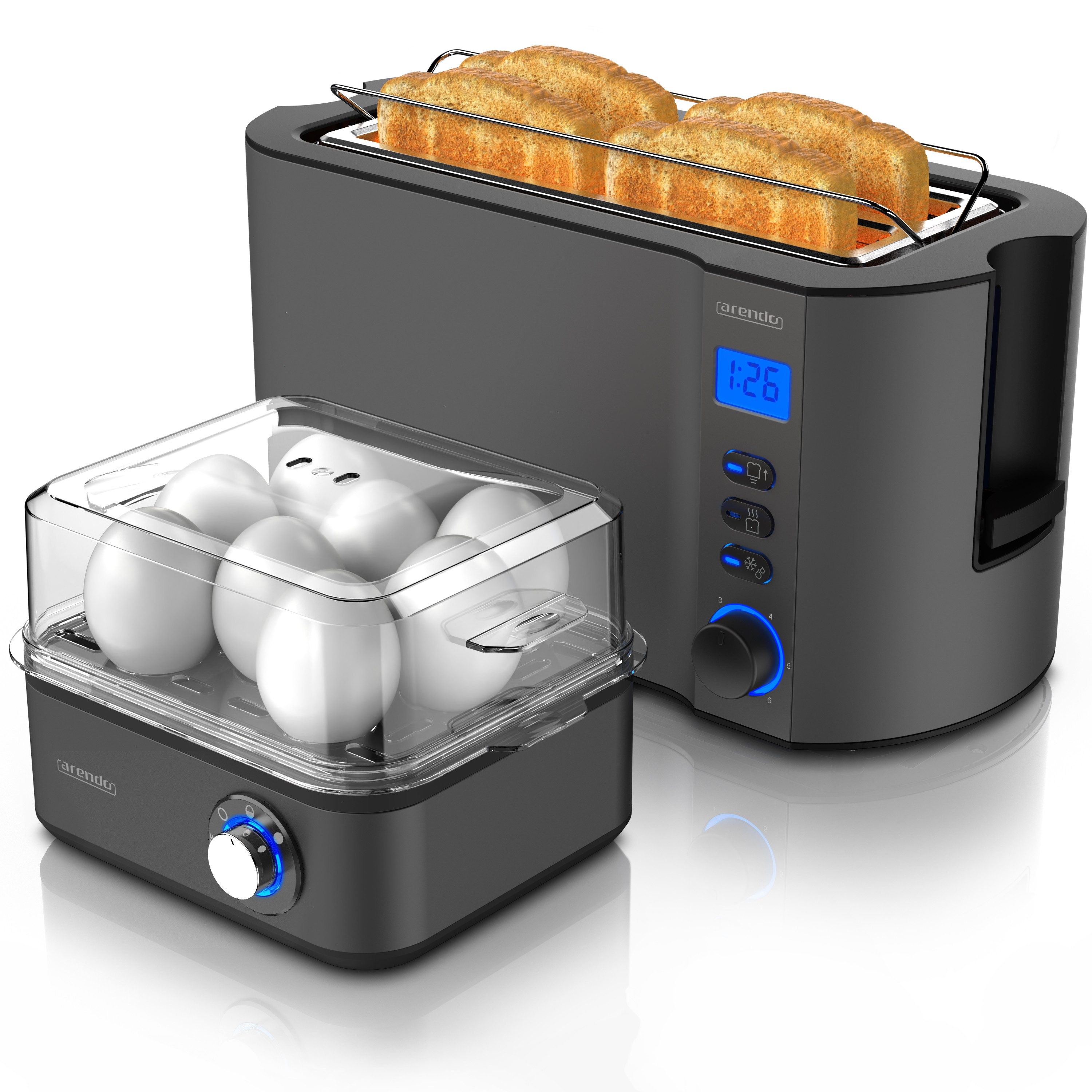 Arendo Frühstücks-Set (2-tlg), 4-Scheiben Langschlitz Toaster, 8er Eierkocher, Cool Grey