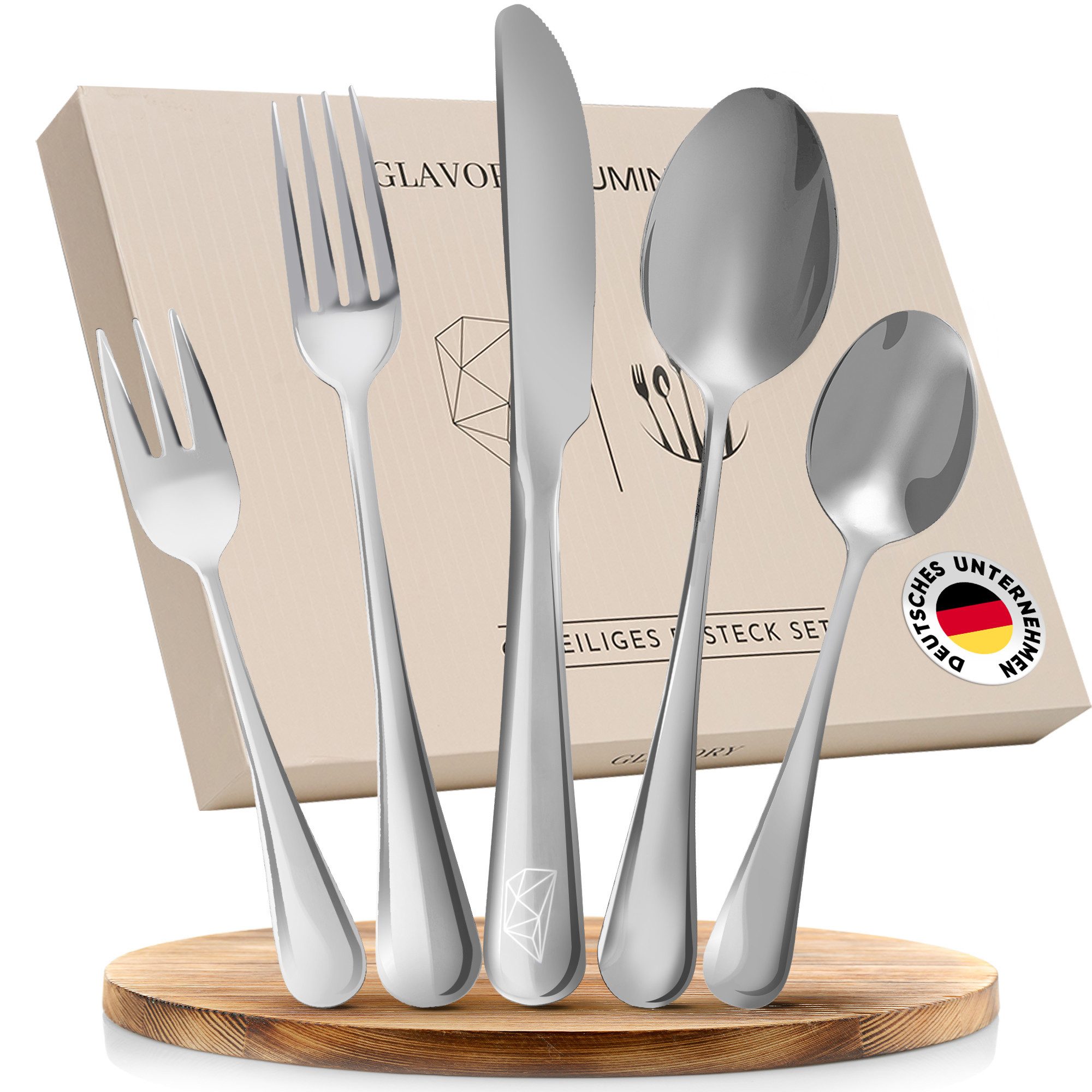 Glavory Besteck-Set (60-tlg), Edelstahl Rostfrei 18/8, spülmaschinengeeignet, säuregeeignet, hochwertiger Besteckkasten