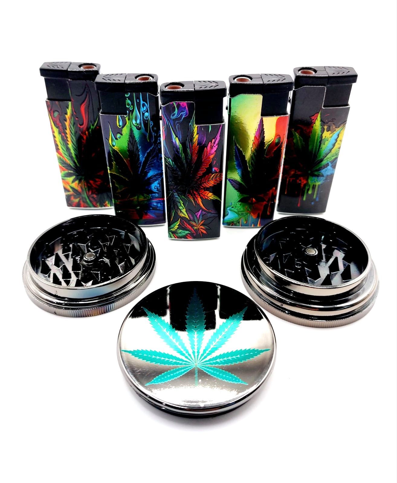 meytrade Grinder Set inkl. 5x Feuerzeuge (auffüllbar) Jet Flamme bunt matallic