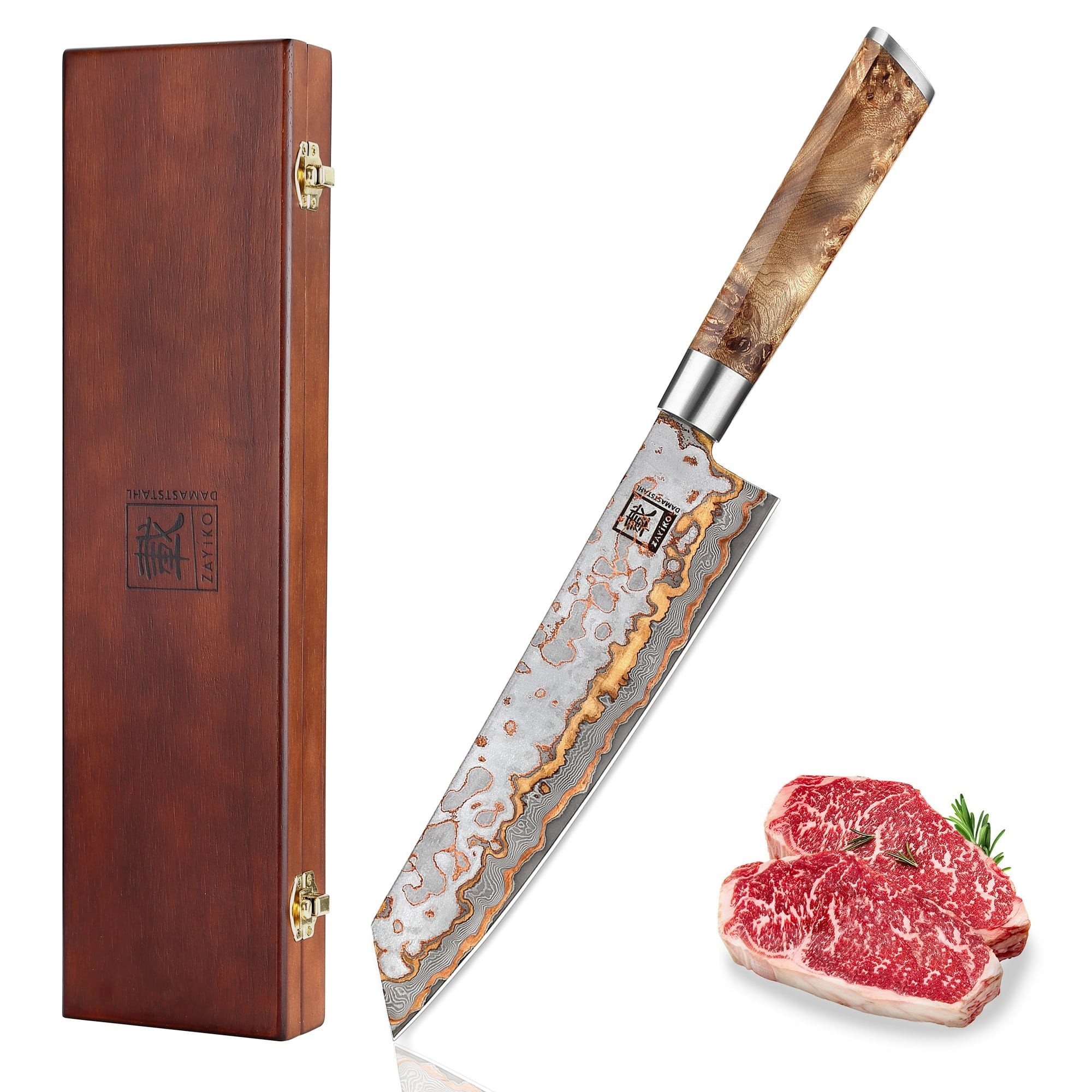 ZAYIKO Asiamesser MysticMagma Kiritsuke Küchenmesser 20,5cm Kupfer-Bronze-Damastklinge, Damaststahl, Kupfer-Bronze-Einlage