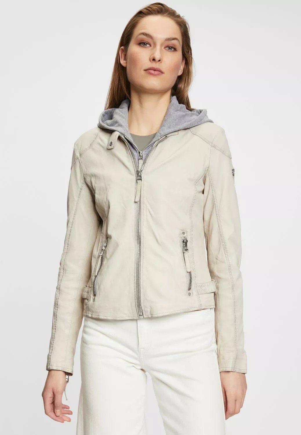 LABAGV GWFinja Lederjacke off Tailliert abnehmbarer Kapuze, white mit Gipsy