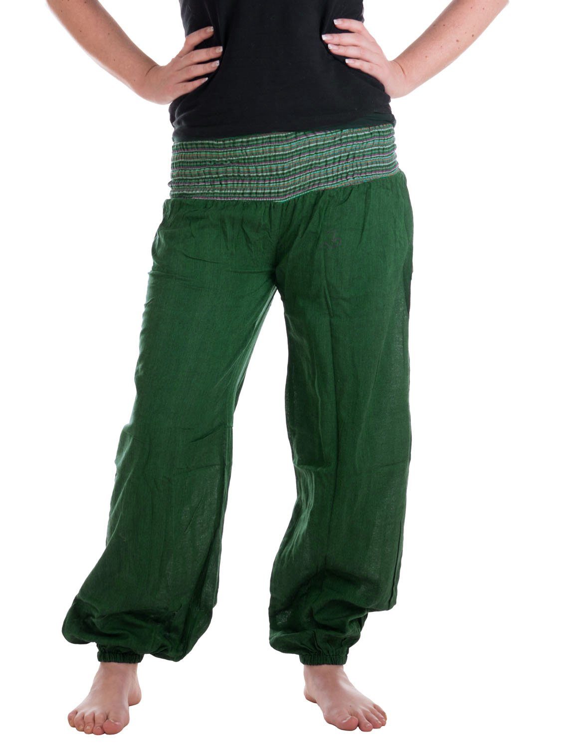 Vishes Haremshose Chino Haremshose mit super elastischem Bund Pumphose, Pluderhose mit handewebtem Stoff dunkelgrün