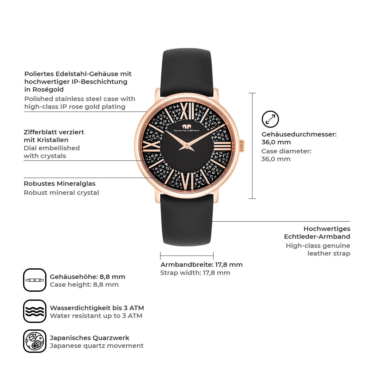 Rhodenwald & Söhne Quarzuhr Pamina schwarz, verziert mit Kristallen günstig online kaufen