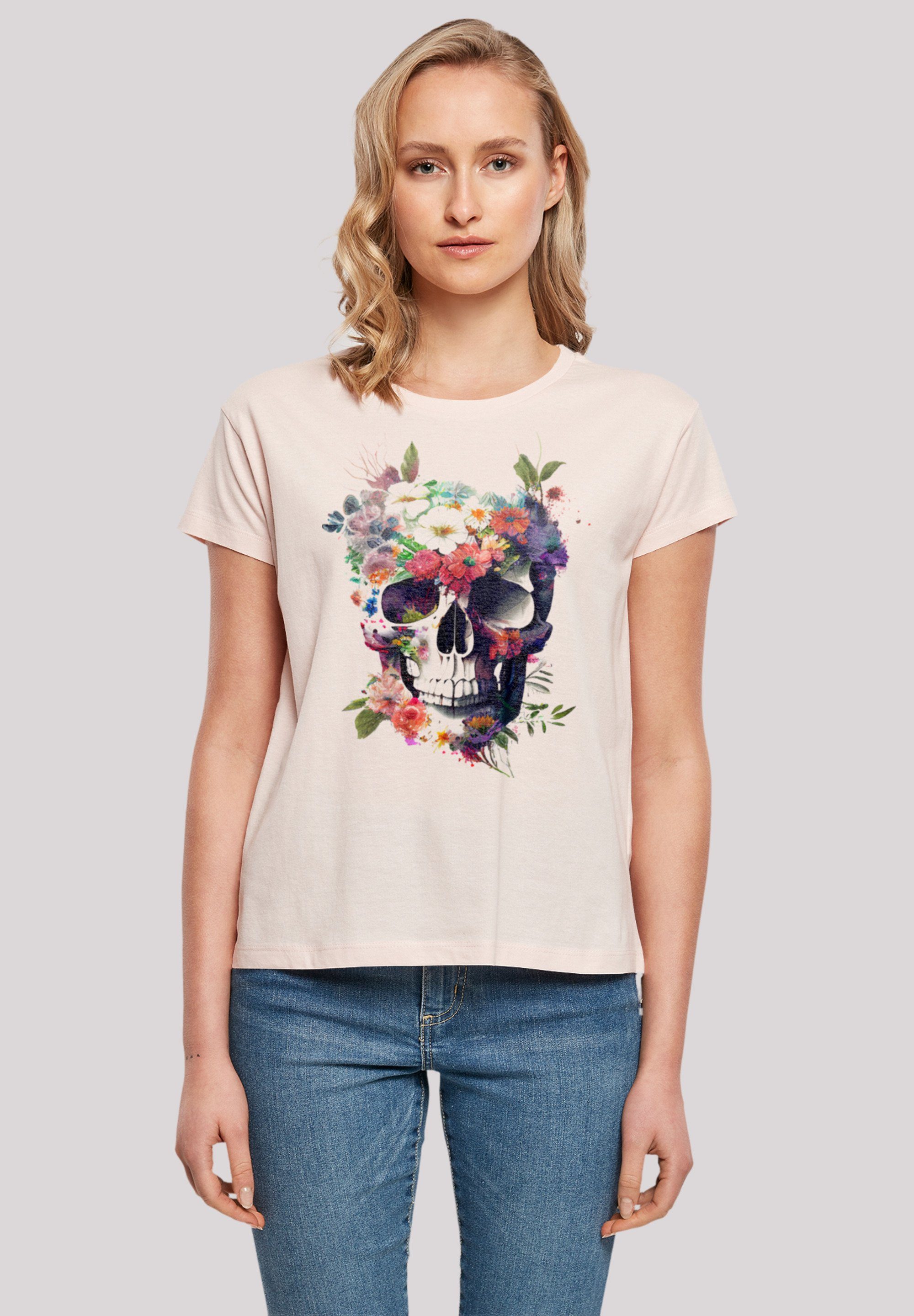 F4NT4STIC T-Shirt Totenkopf Blumen Print, Fällt weit aus, bitte eine Größe  kleiner bestellen