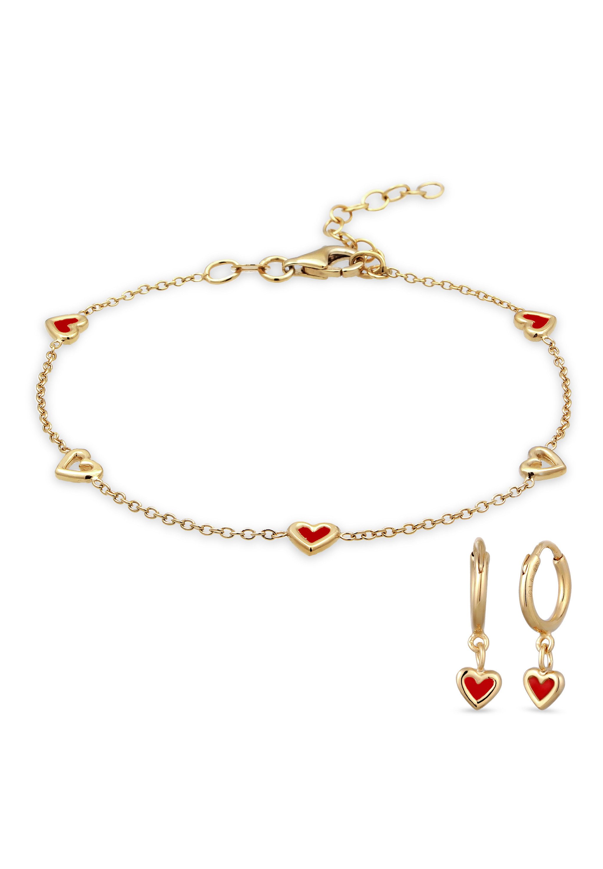Elli Schmuckset Herz Emaille Rot 925 Sterling Silber vergoldet
