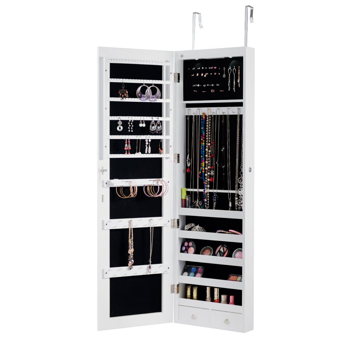 COSTWAY Schmuckschrank mit LED & Spiegel abschließbar, Wandspiegel hängend