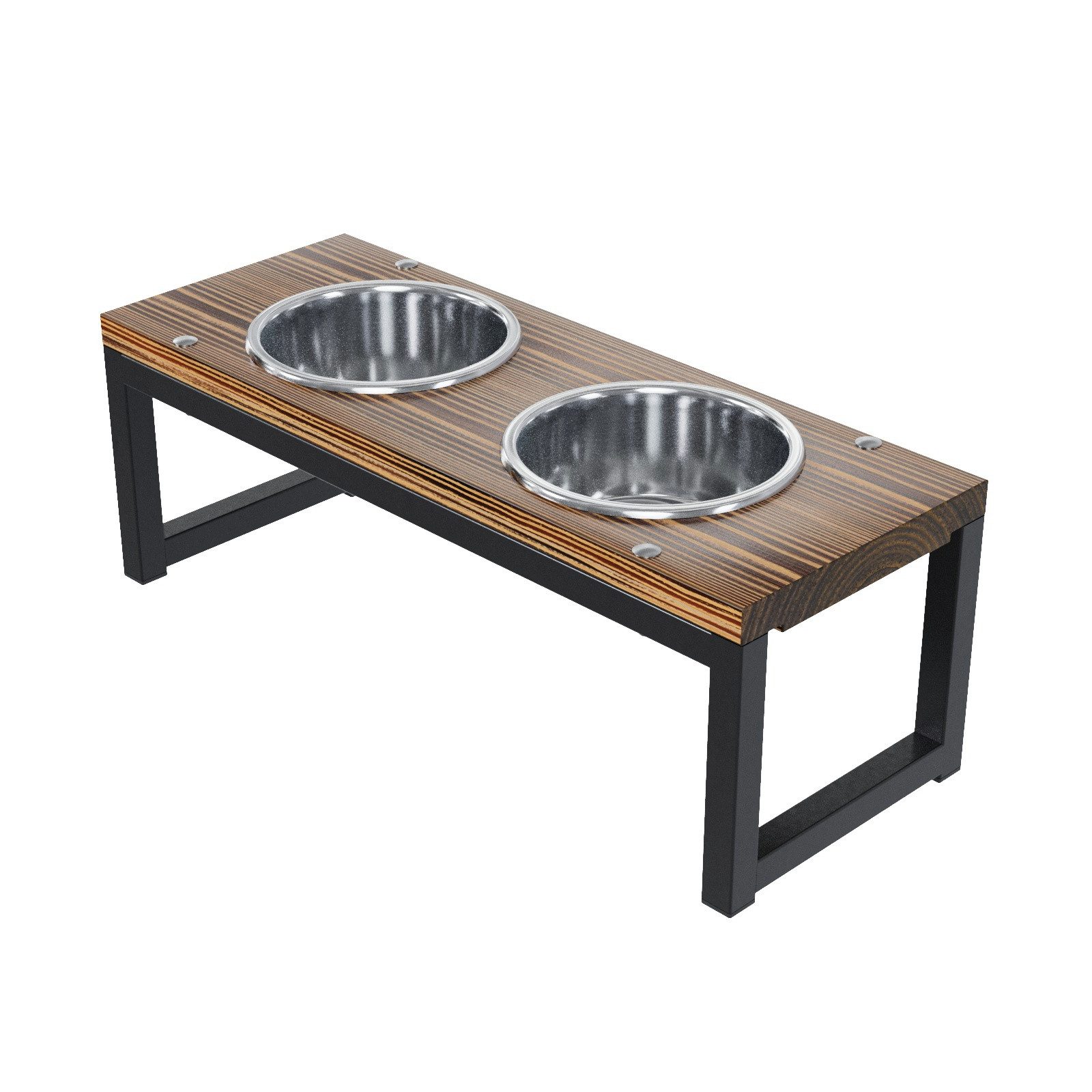 QLS Napf-Set Doppelständer mit 2 Edelstahlnnäpfen 0,9 L, Edelstahl, geflammt 50 x 19 x 17,5 cm Kiefernholz & pulverbeschichteter Stahl