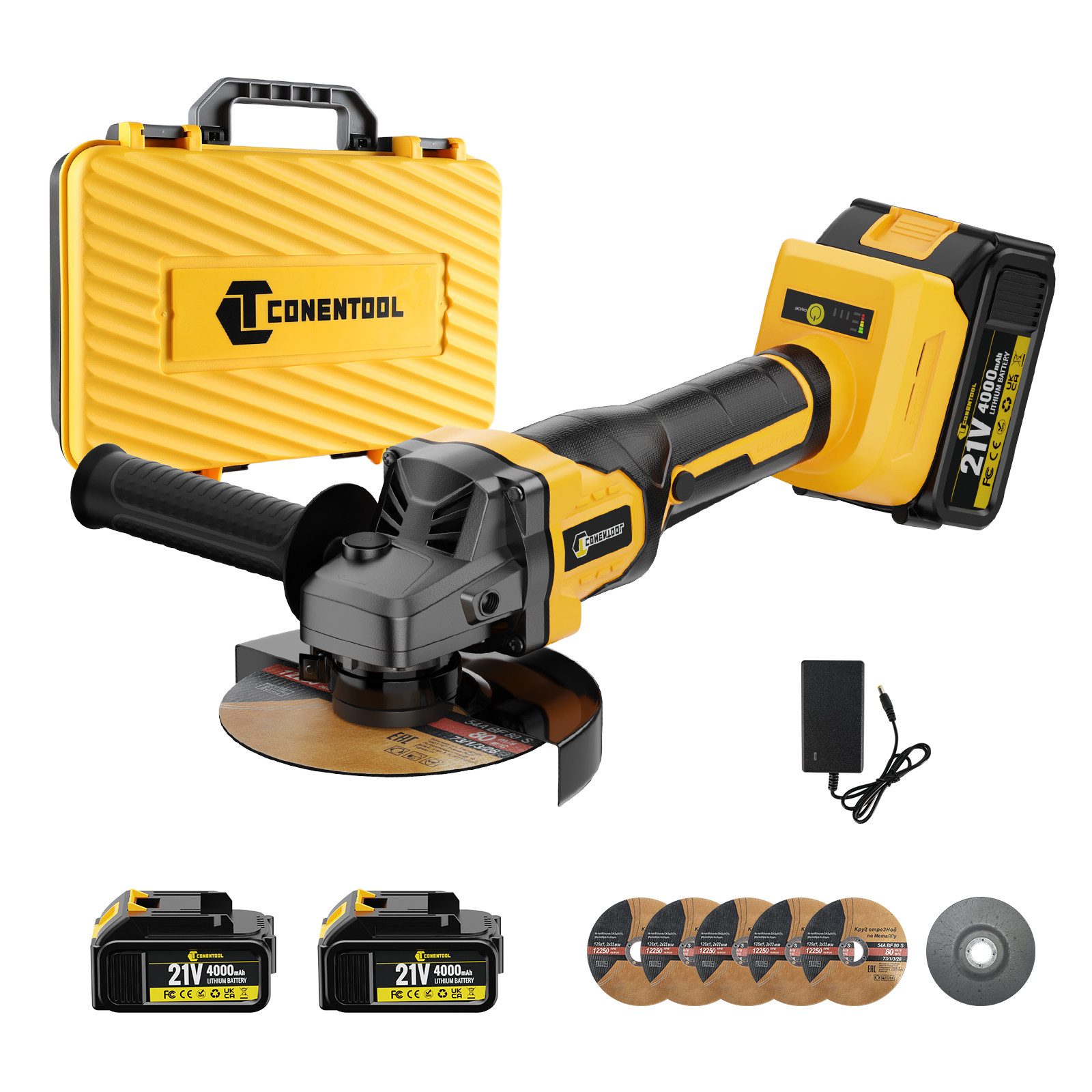 CONENTOOL Akku-Winkelschleifer 21V Winkelschleifer bürstenloser Motor, max. 11000 U/min, (Scheiben-Ø 125mm), inkl. 2×4,0Ah Akku und Ladegerät, mit Transportkoffer