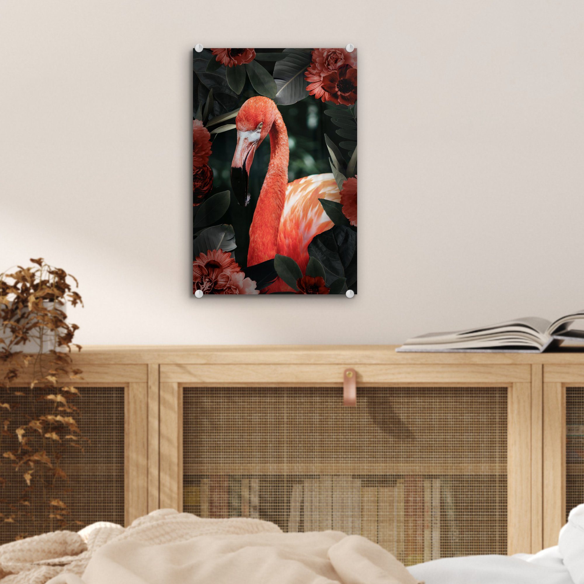 - Glasbilder - Glas Wanddekoration Bilder Blume, St), - MuchoWow Foto Flamingo auf Acrylglasbild bunt Wandbild Glas (1 - Rot auf -