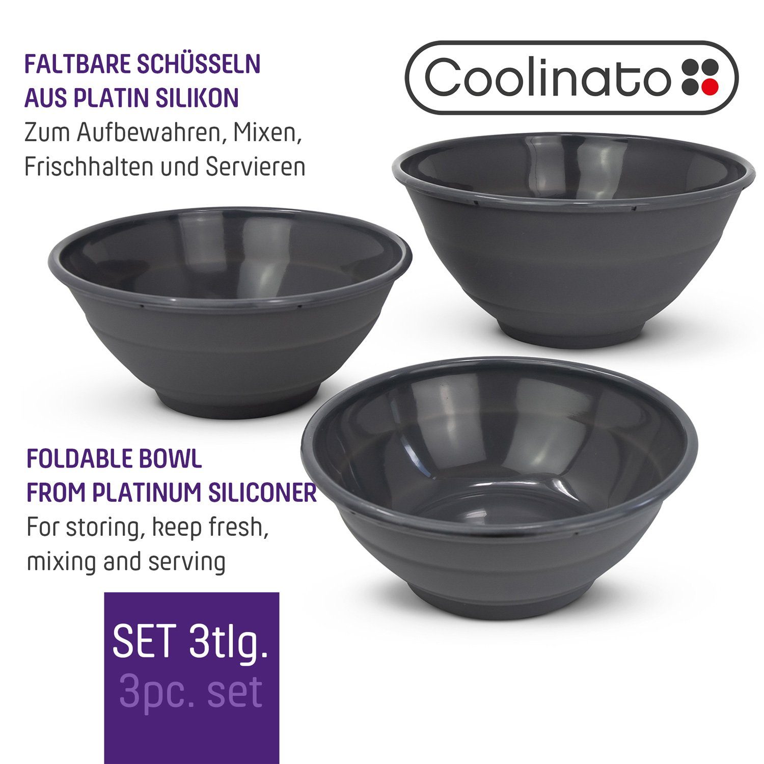 Coolinato Schüssel Set 3tlg grau aus Silikon, Silikon
