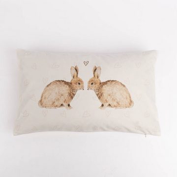 Clayre & Eef Dekokissen Kissenhülle Kaninchen Herzen aus Kunstfaser weiß beige braun 30x50cm