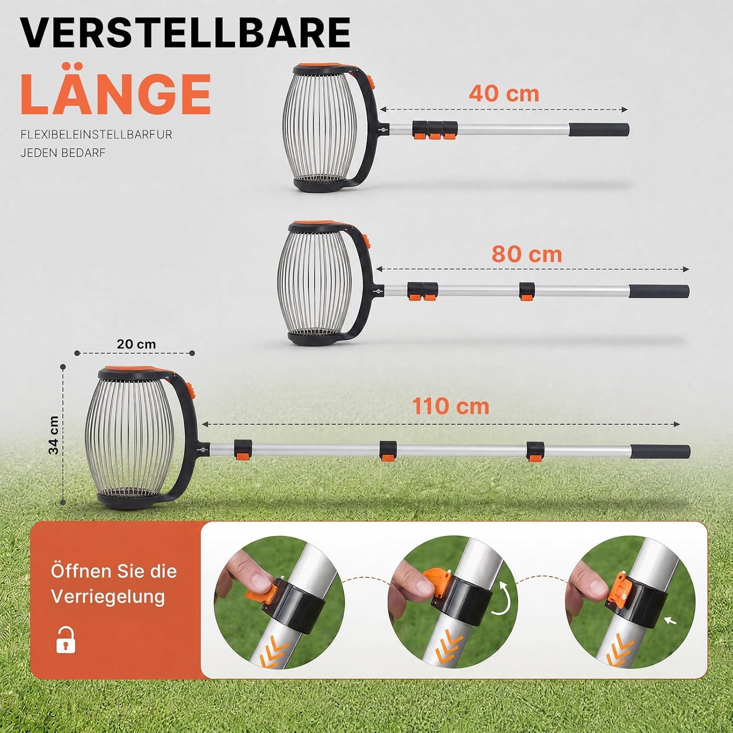 Hausprofi Rollsammler Nusssammler Ø34cm, Teleskopstiel 37-110cm, Ohne Bücken, 34 cm Arbeitsbreite, Obstsammler für Walnüsse Äpfel Eicheln, Pedalbetätigte Seitenöffnung