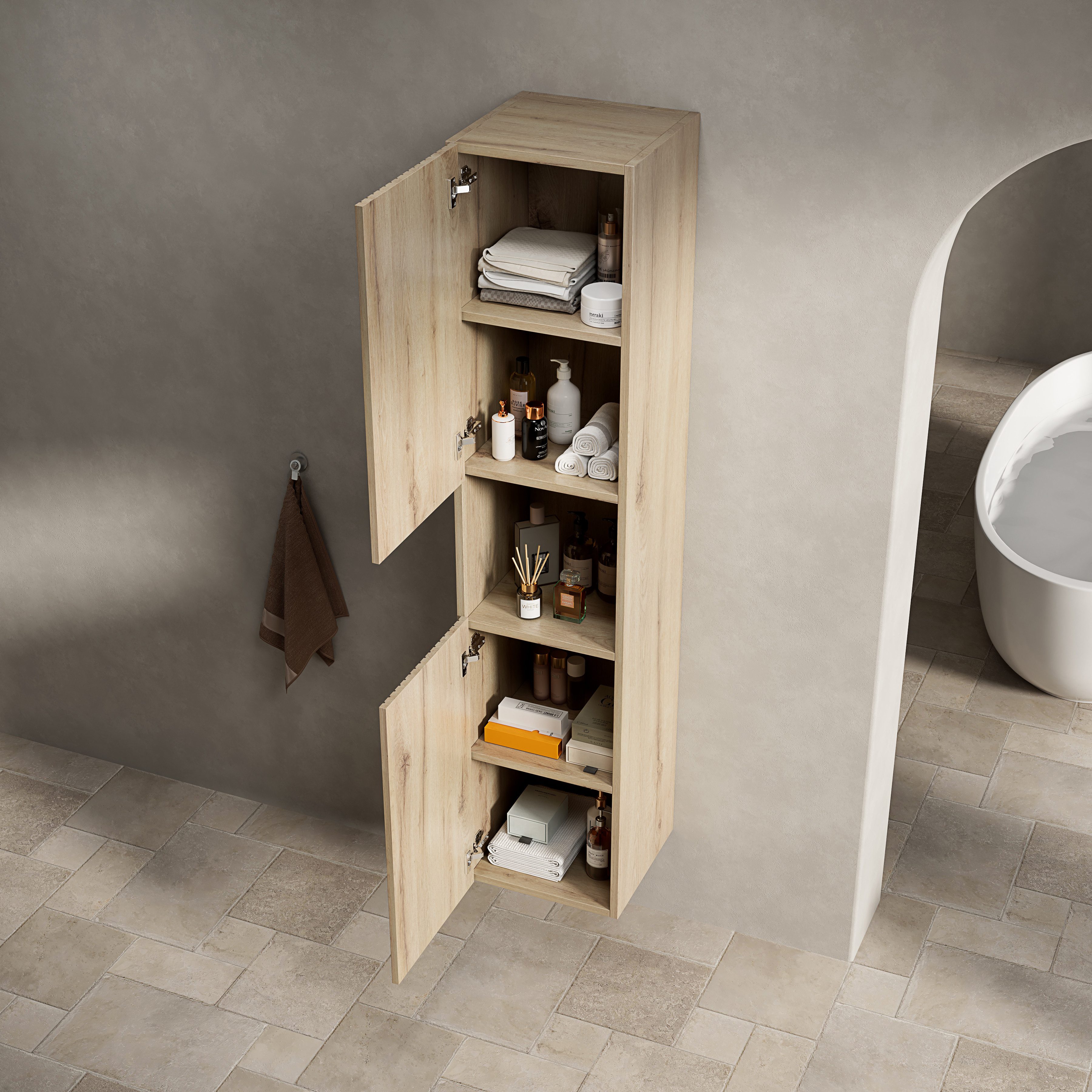 Odikalo Seitenschrank Badschrank Hochschrank Badezimmer (DAWIN 160cm hoher Badezimmer-Wandschrank, schmaler Aufbewahrungsschrank mit 2 Türen und 1 offenem Staufach, geeignet für kleine Räume, anwendbar auf Bad, Wohnzimmer und Wäscherei, Corolla / Weiße Eiche Holzmaserung)