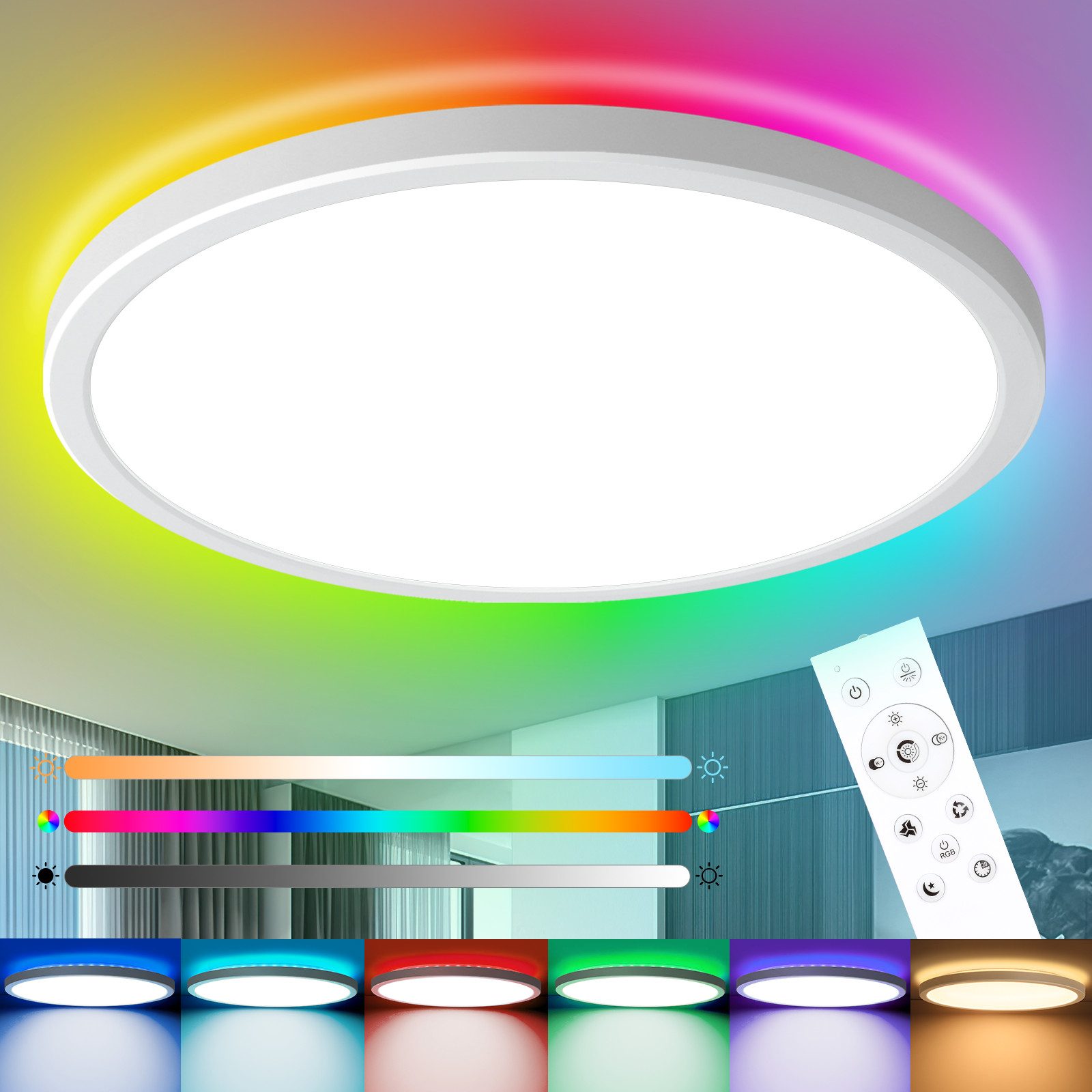 IEGLED LED Deckenleuchte Dimmbare Deckenlampe, 24W, 2400LM, IP44, 3000K-6500K, Farbwechsel, RGB, Wasserdicht, mit Fernbedienung, Energieeffizient, Farbwechsel
