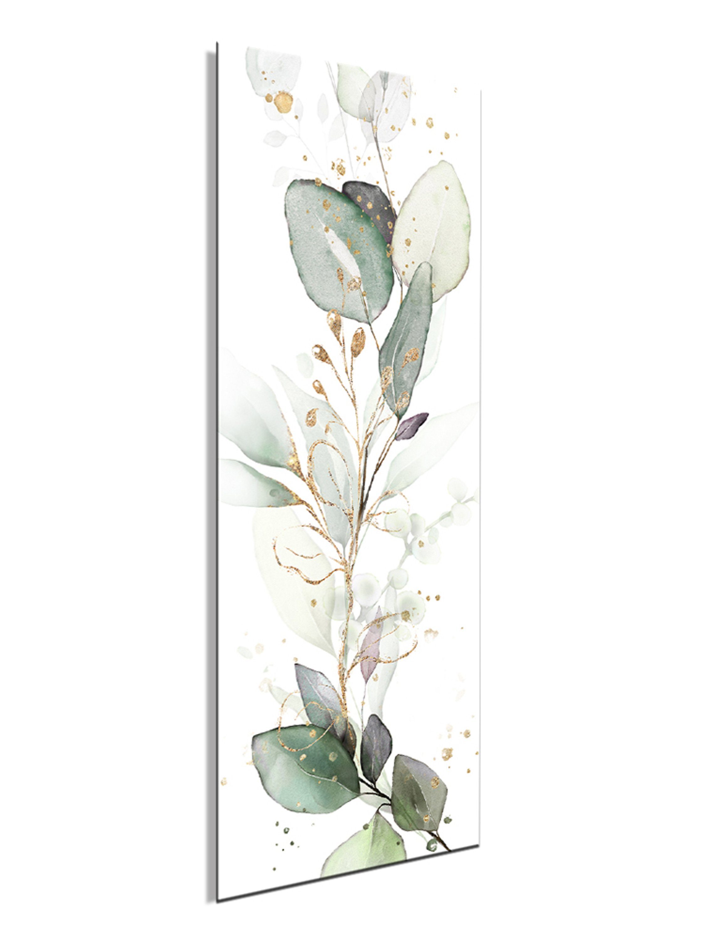 : Natur Zweige Aquarell-Malerei Glasbild aus und Pastell-Grün, Glas Eukalyptus Pflanzen artissimo Bild Glasbild I 30x80cm