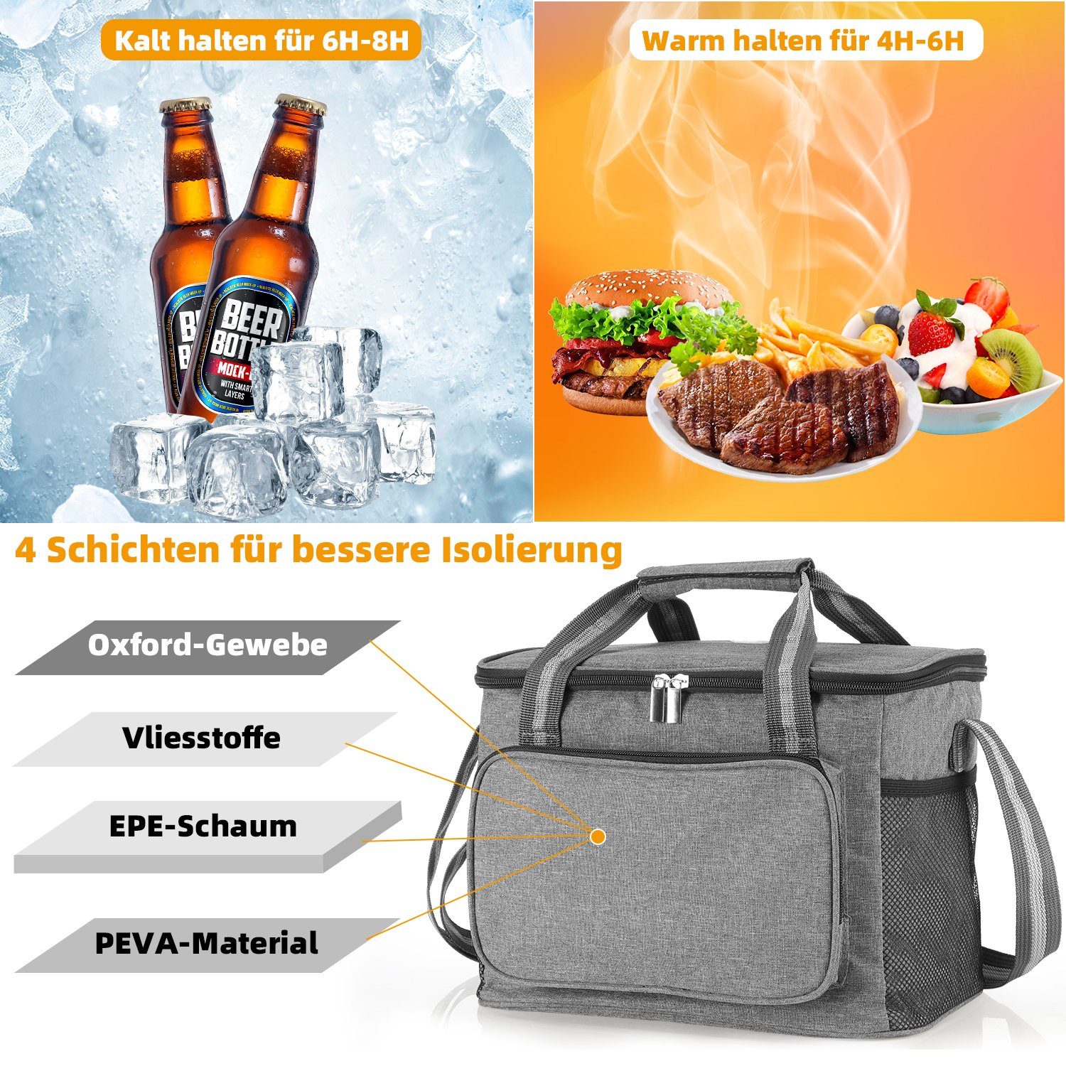 oyajia Picknickkorb 15L Lunchtasche Kühltasche Faltbar Thermotasche mit  Reißverschluss, Thermotasche für  Picknick/BBQs/Camping/Ausflügen/Einkaufen/Auto
