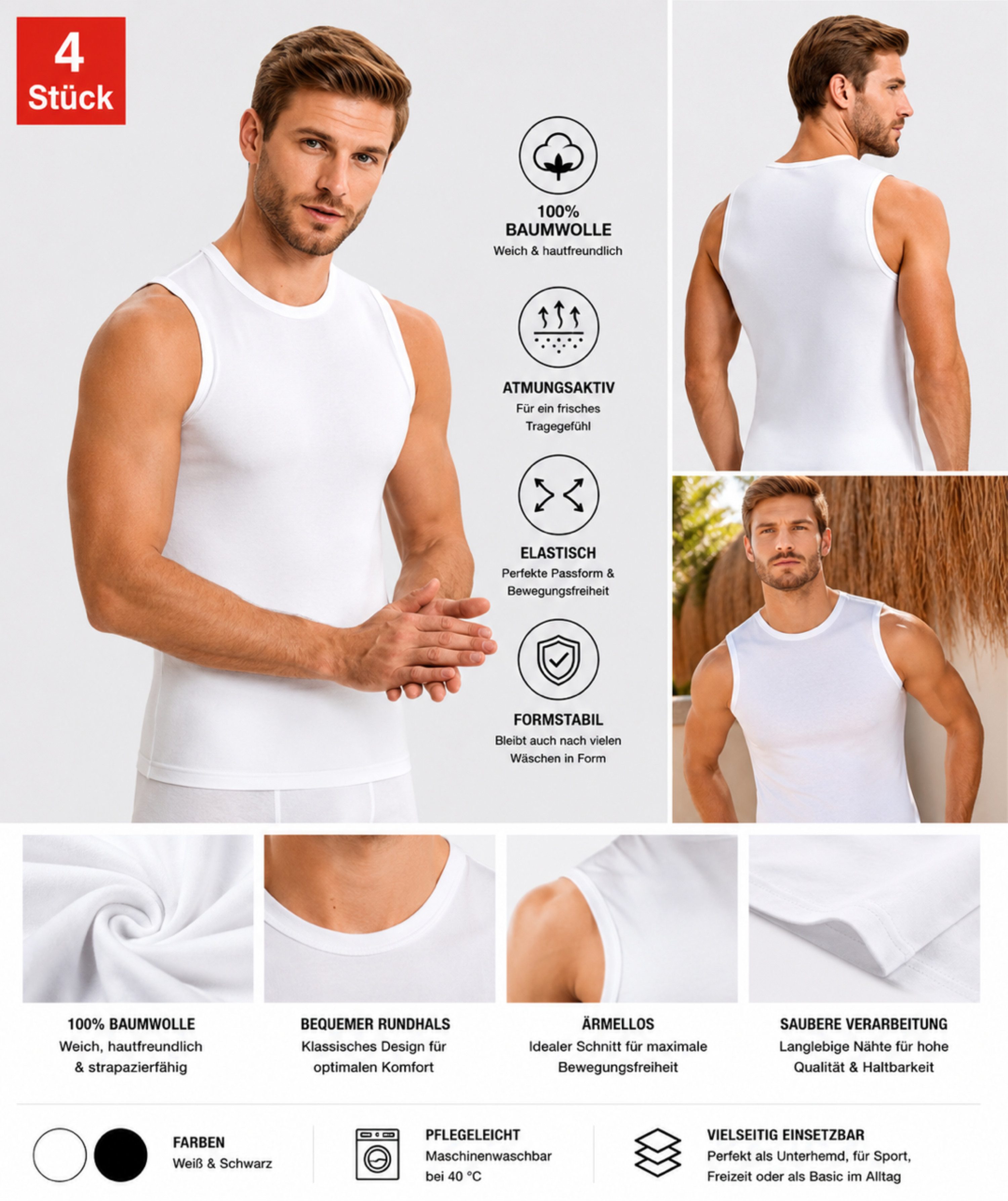DDOnlineShop Unterhemd Herren Tank Top Ärmellos mit Rundhals Muskelshirts (Spar-Set, 4-St., 4er-Pack) – Bild 3 von 4