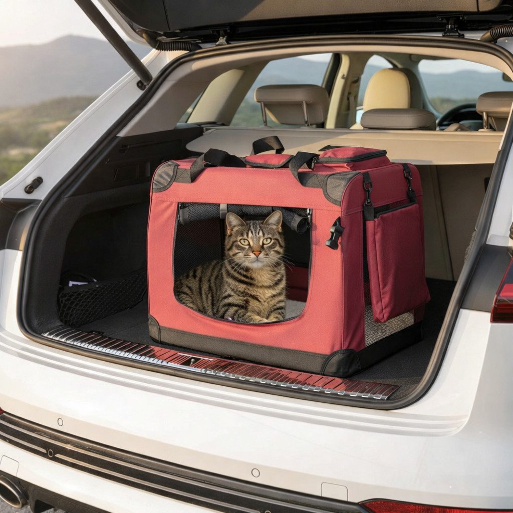 belviona Tiertransporttasche für Katzen, faltbar mit Mesh-Fenstern, 60x42x44 cm, weinrot bis 12 kg, leichte & stabile Katzentransportbox mit Innenkissen & Taschen