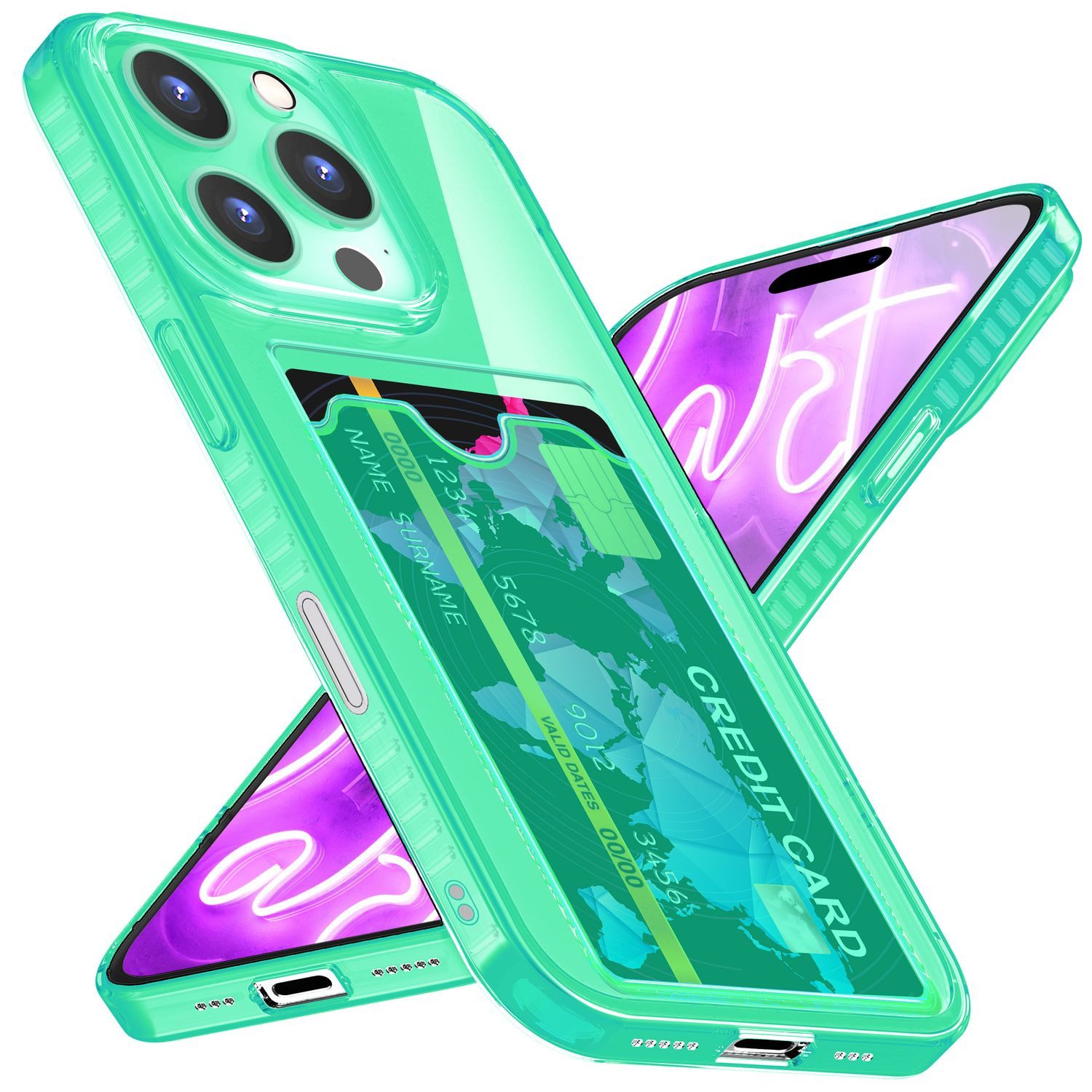 Nalia Smartphone-Hülle Apple iPhone 16 Pro Max, Klare Neon Silikon Hülle mit Kartenfach / Durchsichtig Bunt Leuchtend