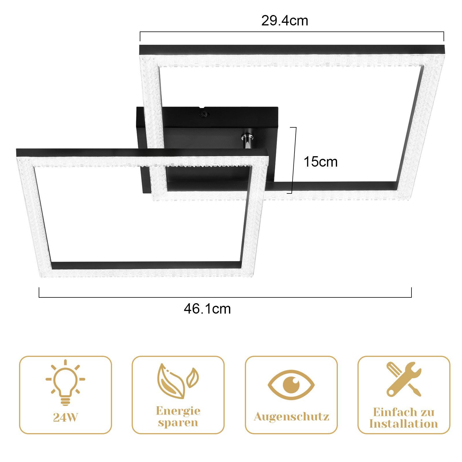 Nettlife LED Deckenleuchte Flur Wohnzimmer Schwarz modern Kristall Deckenlampe 12/24W, LED fest integriert, Warmweiß, Kristalle 24W 34*34*7cm für Wohnzimmer Flu – Bild 3 von 5