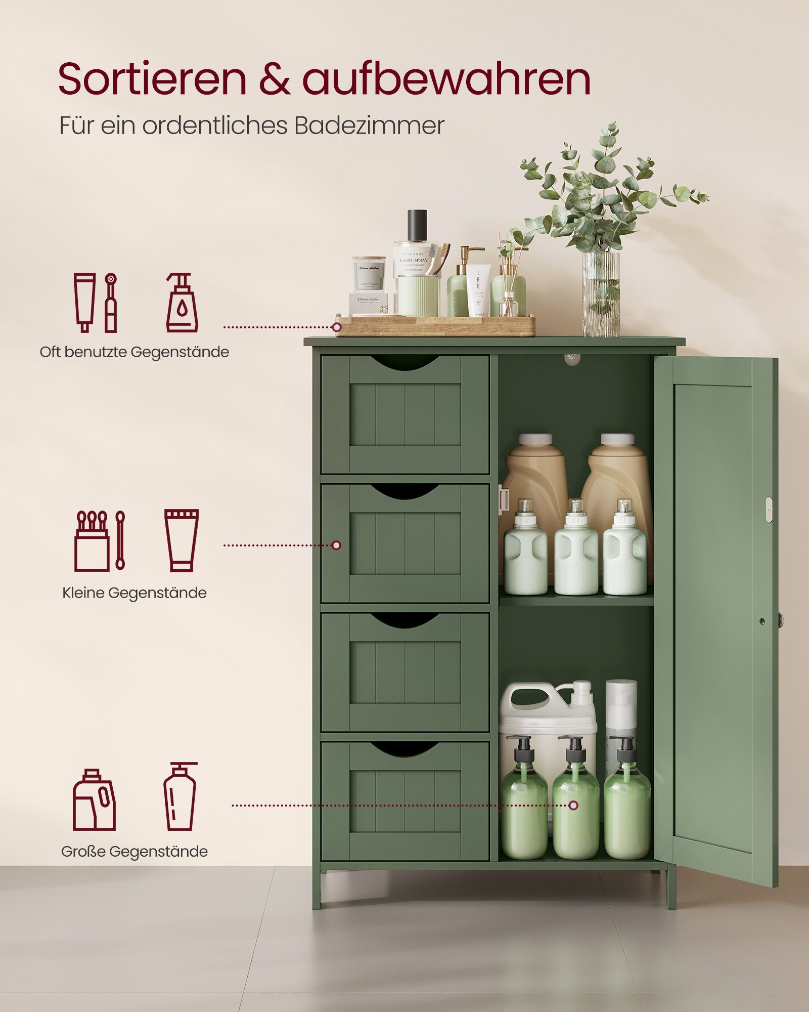 VASAGLE Badmöbel-Set Badezimmerschrank Badschrank Beistellschrank, mit 4 Schubladen, Schranktür, verstellbare Ablage