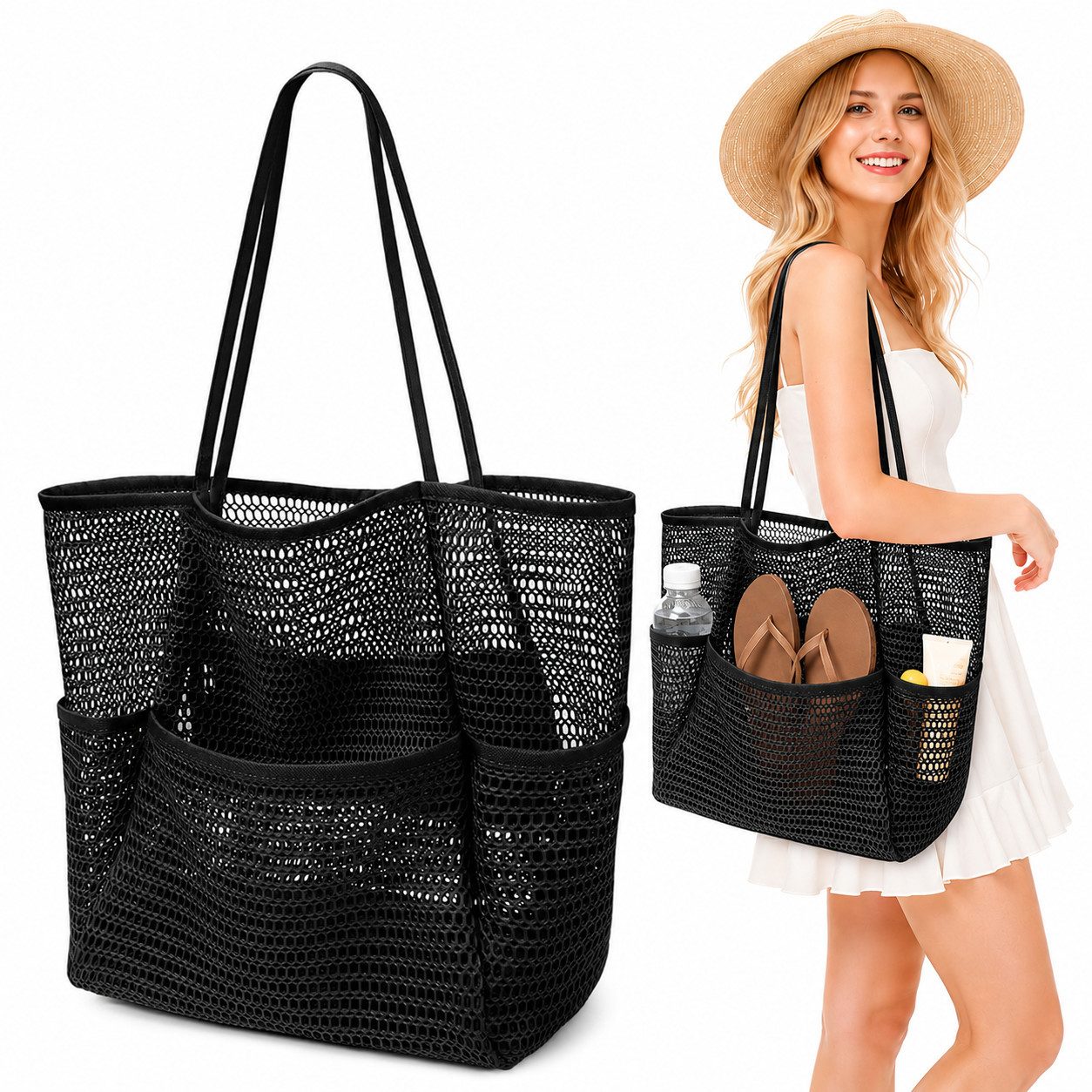 nsihing Strandtasche Strandtasche Damen Mesh, Große Faltbare Beach Tote mit Mini Fach, Leicht, Sandfest für Pool, Urlaub, Reise & Kreuzfahrt