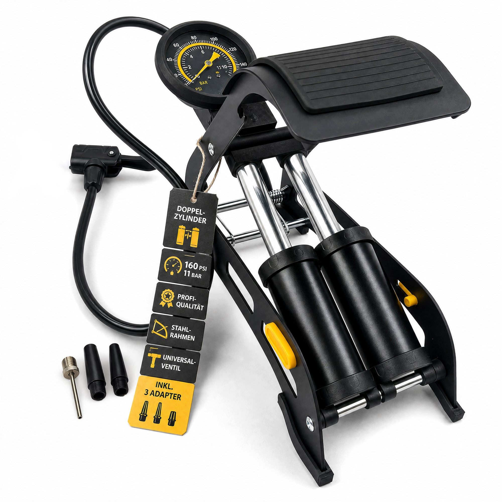 Pitlane Performance Luftpumpe Fahrradpumpe alle Ventile Fußpumpe (1-tlg., Tritt Fuß-Pumpe für E-Bike, Auto, Motorrad & Ball, inkl. 3 Adapter), bis 11 Bar Druck mit Manometer & Doppelzylinder für extra viel Luft