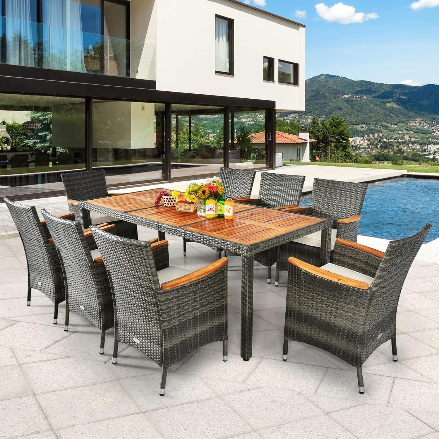 COSTWAY Garten-Essgruppe 9 TLG. Rattan, 8 Personen, Tisch & 8 Stühle, mit Kissen
