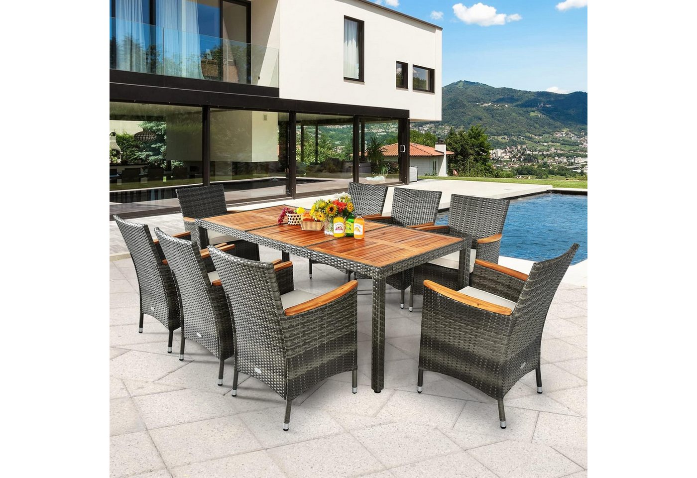 COSTWAY Garten-Essgruppe 9 TLG. Rattan, 8 Personen, Tisch & 8 Stühle, mit Kissen