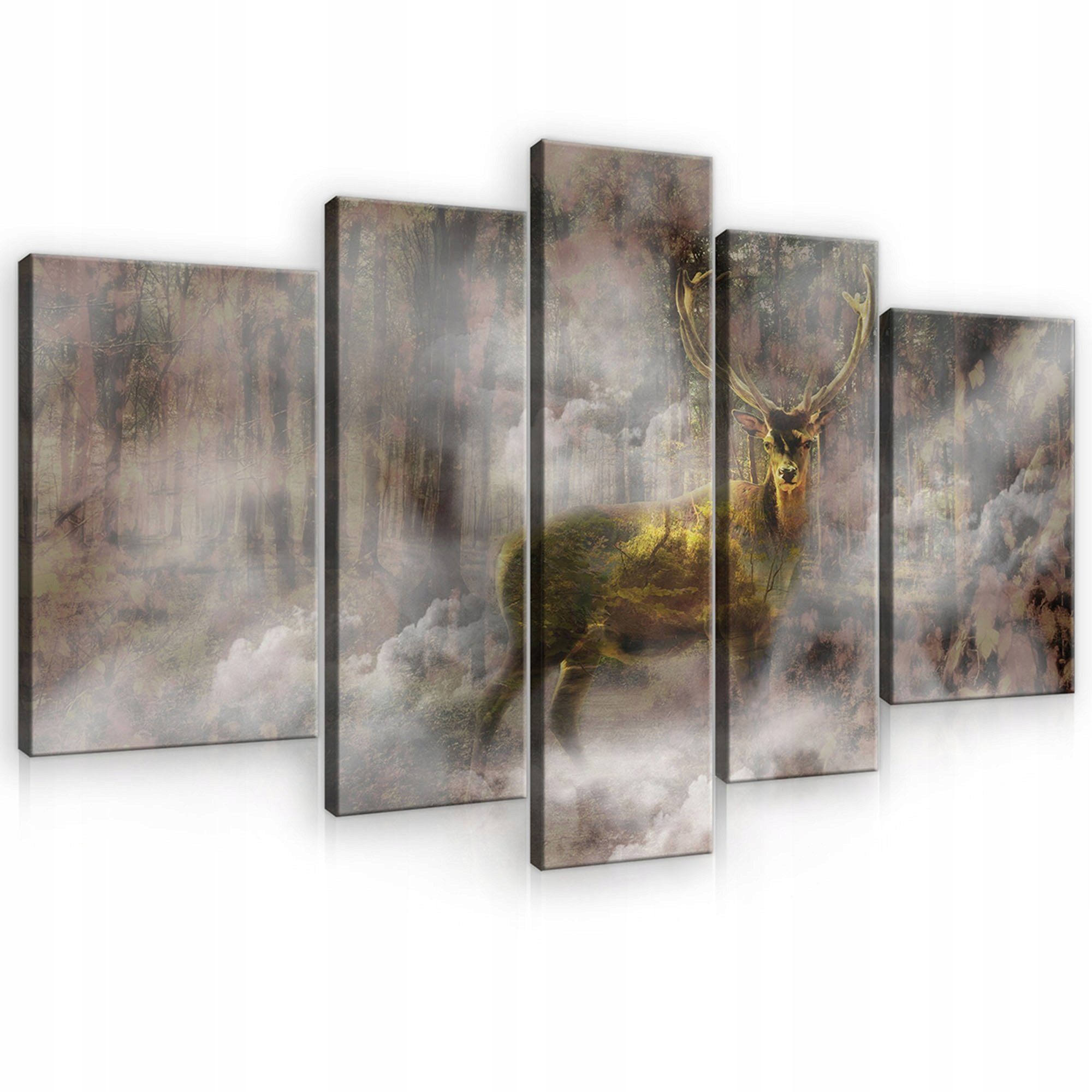 Leinwand Wohnzimmer 170x100 Tiere Leinwandbild 5 für XXL Bild (Set Kunstdruck Wandbild Modern Leinwandbilder Groß Canvas teilig), Schlafzimmer, SET Natur Wallarena Wandbilder Tiere Hirsch cm Auf Aufhängefertig Bilder