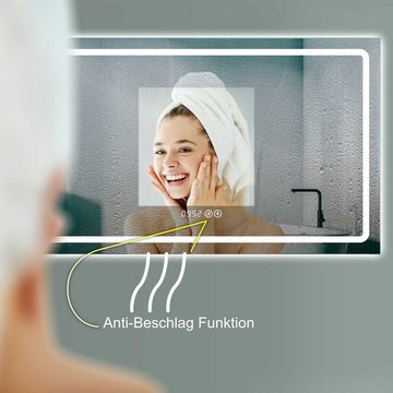 HOKO Badspiegel ANTIBESCHLAG großer LED Badspiegel 100x60 cm + Uhr + Lichtwechsel (Warmweiß - Kaltweiß - Neutral. Licht mit Touch Schalter und mit Wandschalter einschaltbar. Memory-Funktion.IP44, 5mm HD Glass)