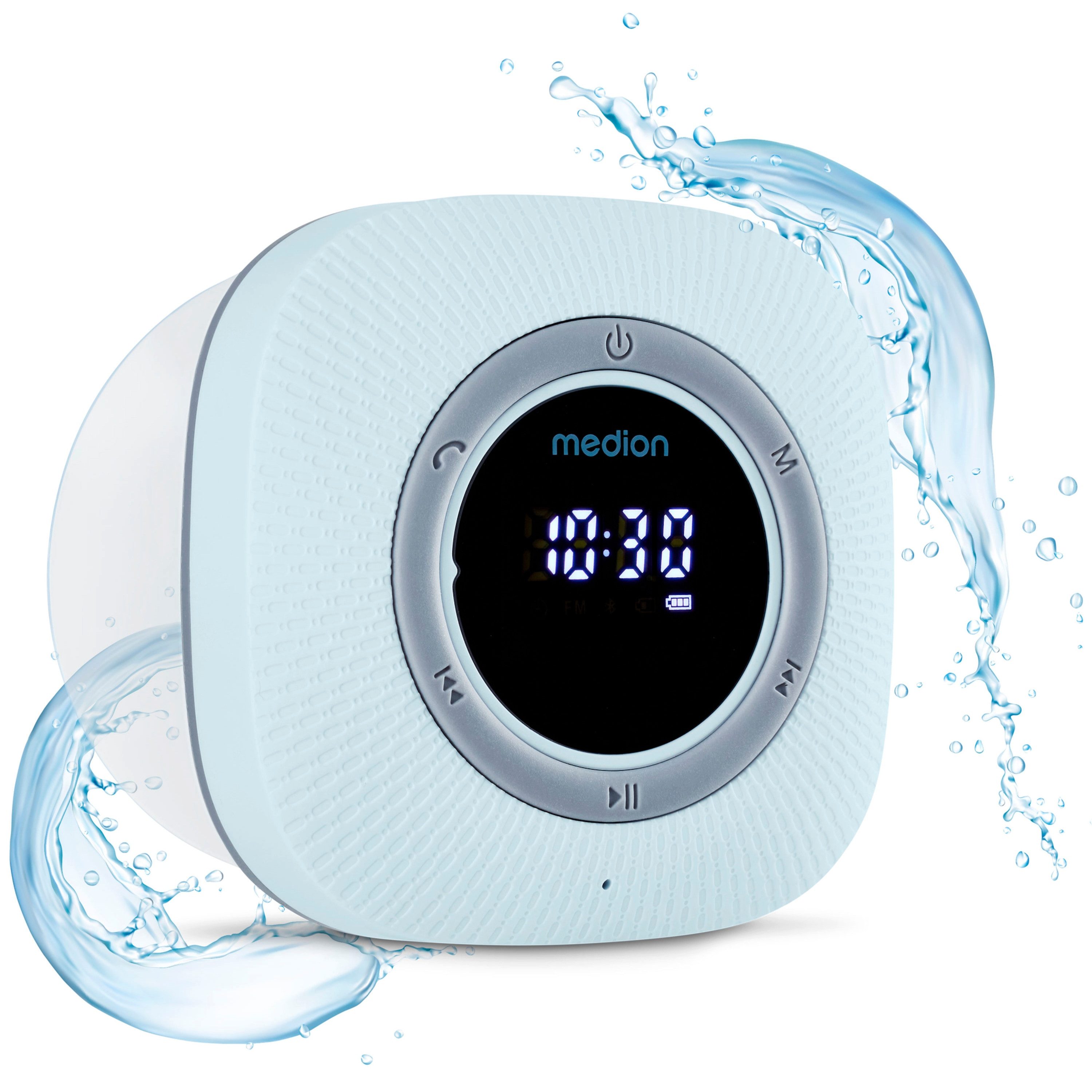 Medion® S66884 (MD 43884) Duschradio mit Bluetooth Radio (MW/UKW, 3 W, Saugnapf, LED-Display, IPX6 Wasserdicht, integrierter Akku, blau)