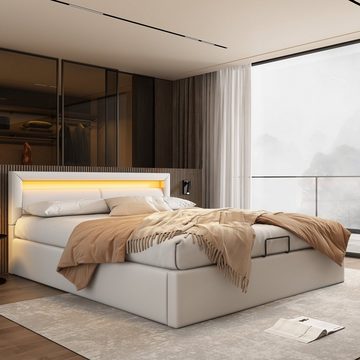 WISHDOR Polsterbett Doppelbett Stauraumbett Bett (140*200cm Weiß mit Lattenrost ohne Matratze), LED-Bett, Kopfteil & Kunstleder, Stabil & pflegeleicht
