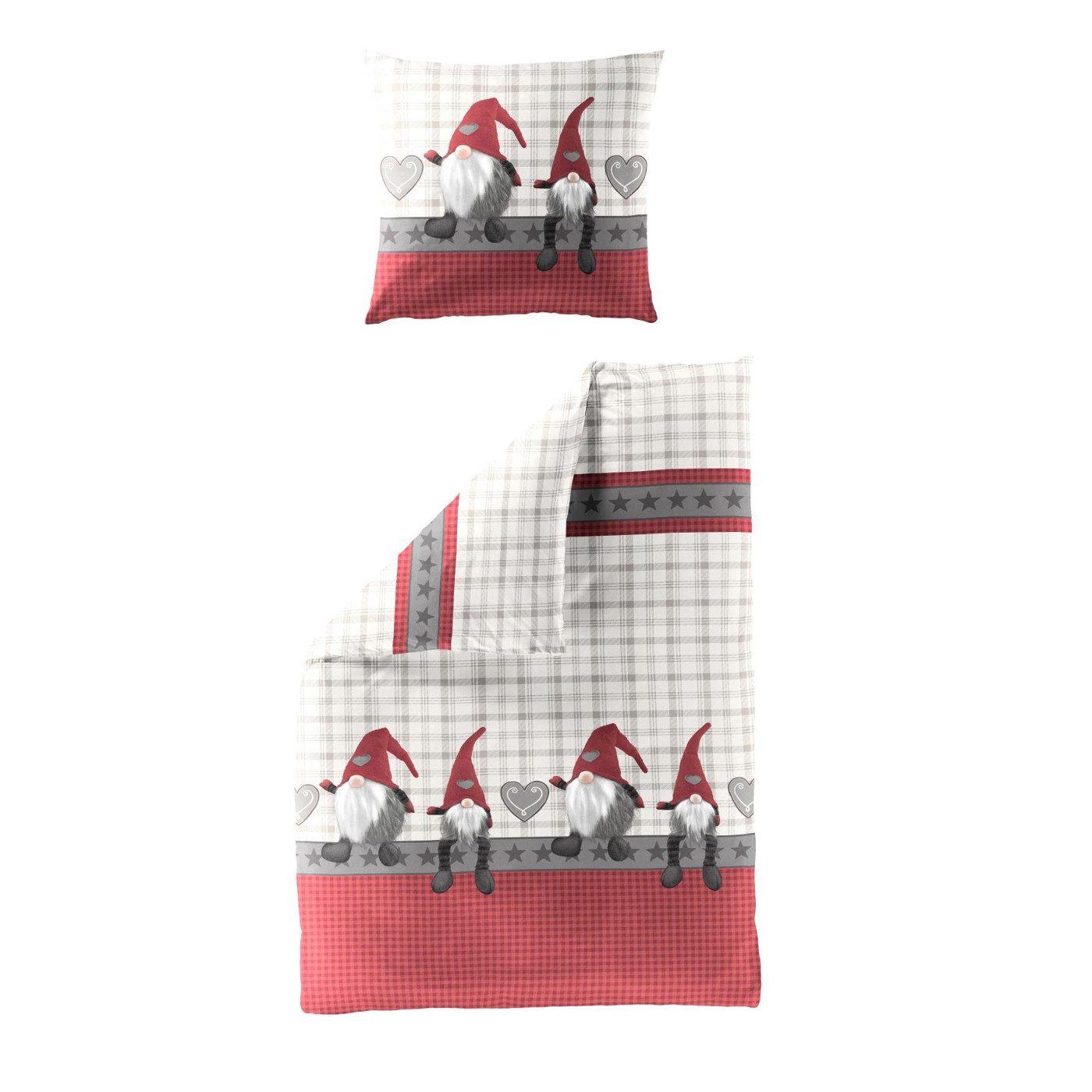 BIERBAUM Bettwäsche Bettwäsche Bierbaum Biber 6946-01 Grau Beige Rot Wichtel Karo135x200, Biber, 2 teilig