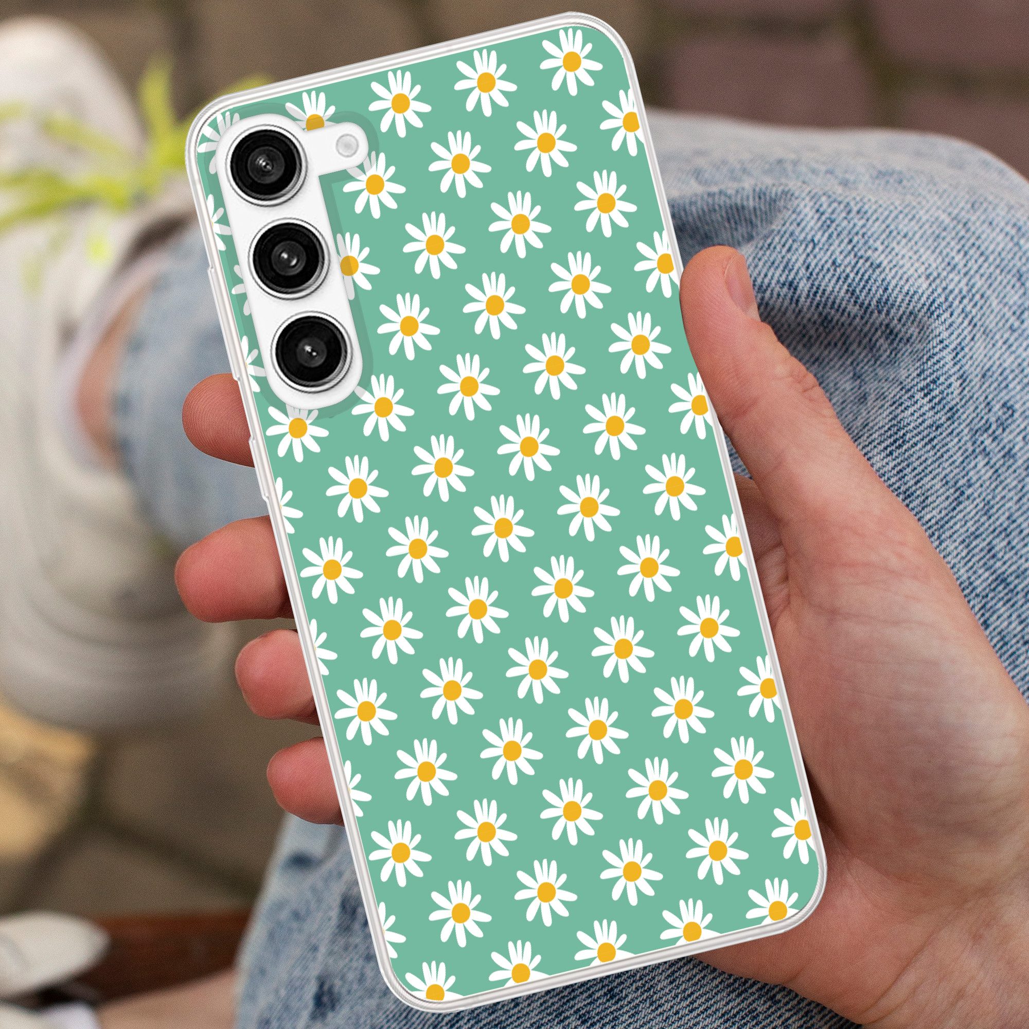 MuchoWow Handyhülle für Samsung Galaxy S23 Plus Gänseblümchen - Muster - Grün - Blumen, Phone Case, Silikon, Schutzhülle Dünn