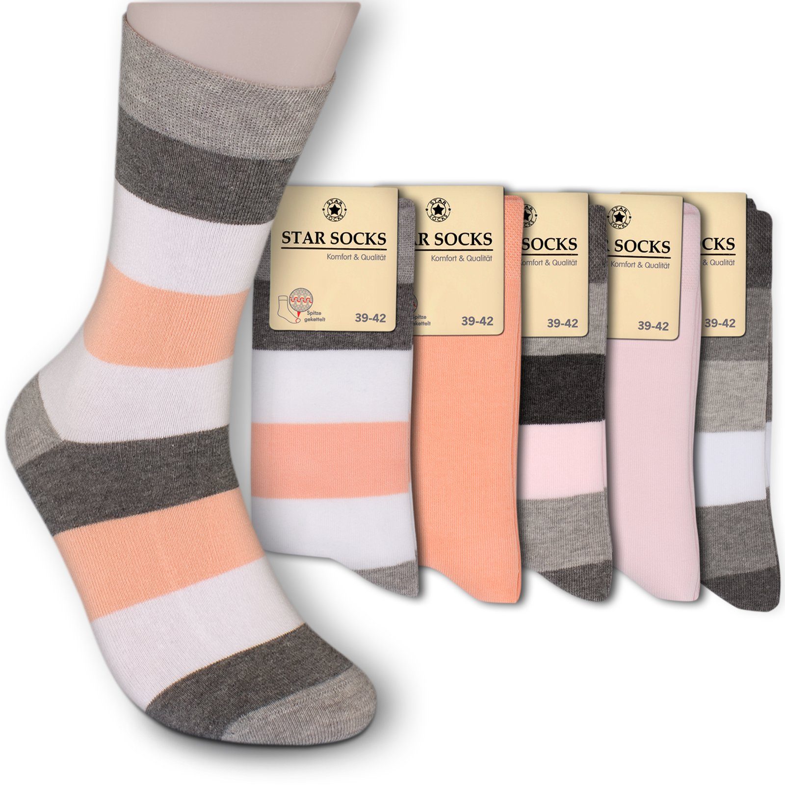 Die Sockenbude Basicsocken KOMFORT (Bund, 5-Paar, weiß rosa orange) mit  Piqué-Bund ohne Gummi geringelt