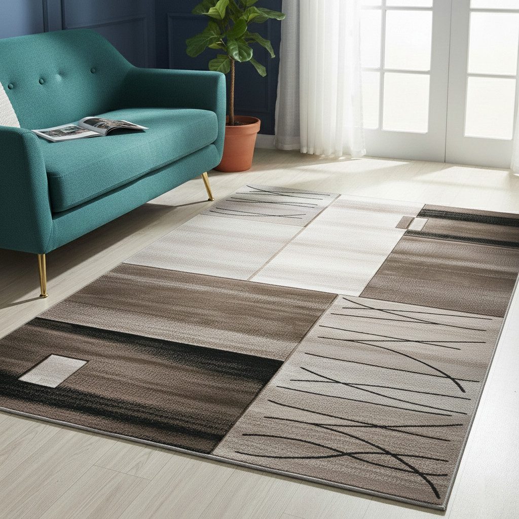 Vimoda Teppich Wohnzimmer Designer Teppich Grau Kachel Motiv, Rechteckig, Höhe: 12 mm, Teppich dicht mit Farbverlauf und Konturenschnitt