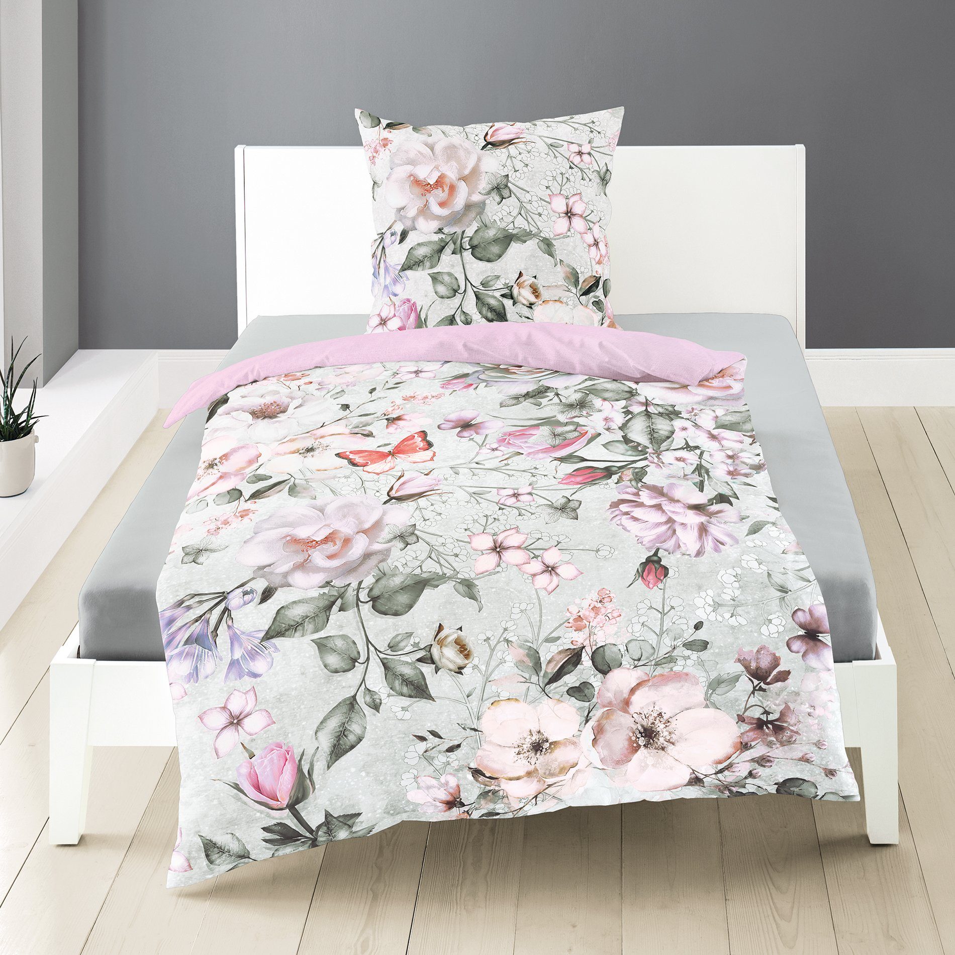 Traumschloss Bettwäsche Mako-Baumwolle, Mako-Satin, 2 teilig, Digitaldruck, frische Blumen mit Wendeoptik in rosé