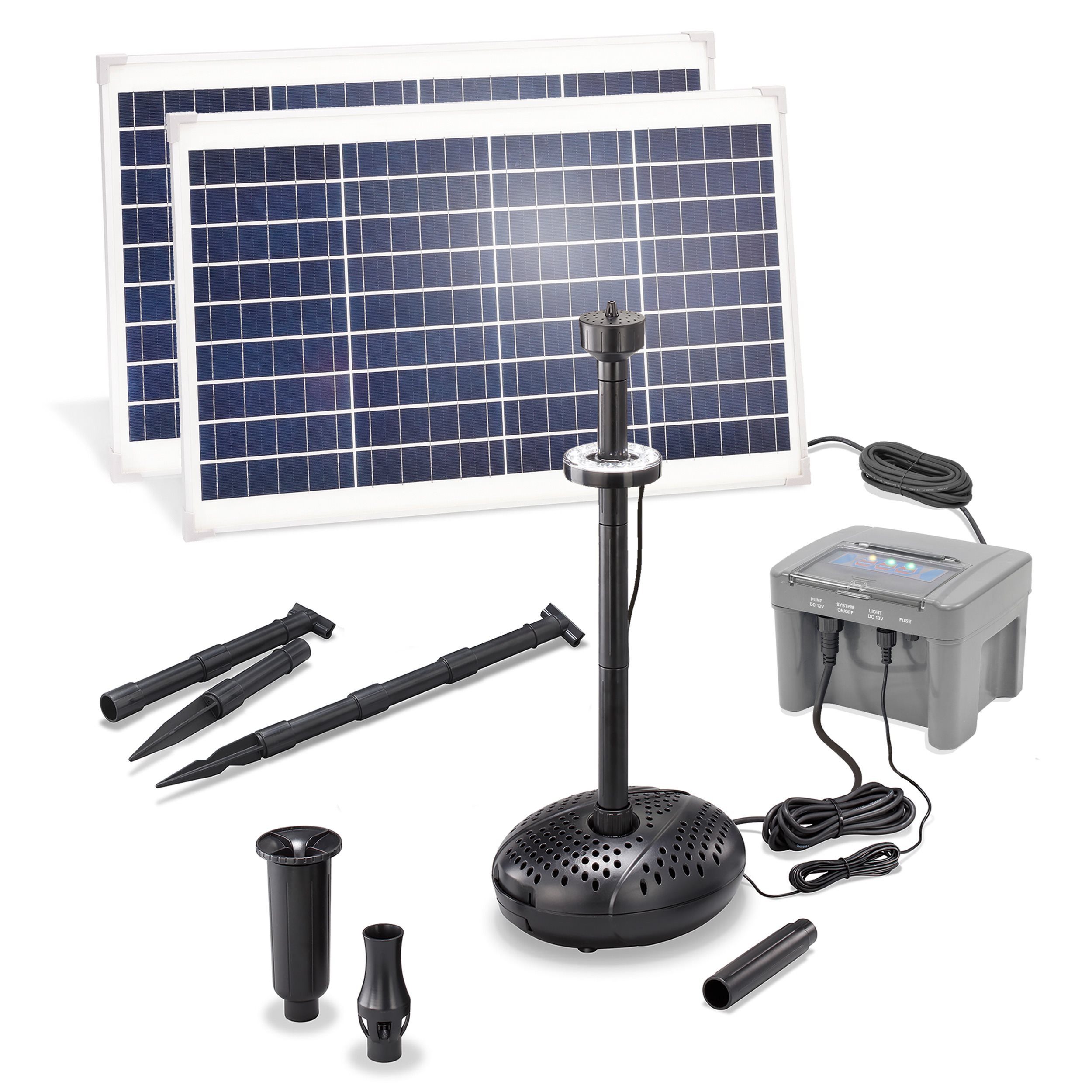 esotec Solarpumpe 70/2800 Teichpumpen-Set LED+Akkuspeicher, 2800l/h, 2 x 35Wp 101940 (Komplettset)